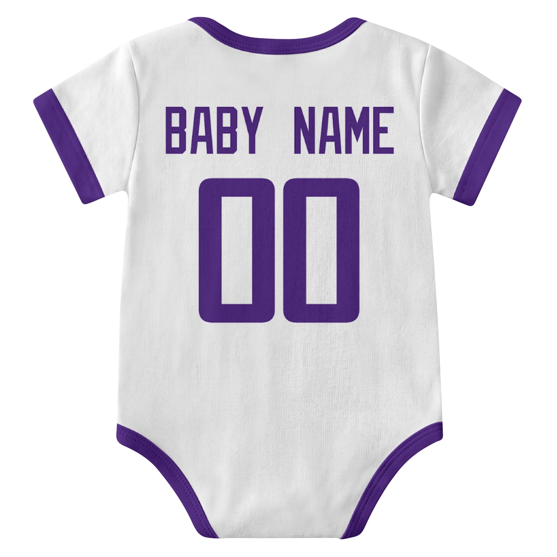 Minnesota White personalized baby football bodysuit back view with custom baby name and jersey number