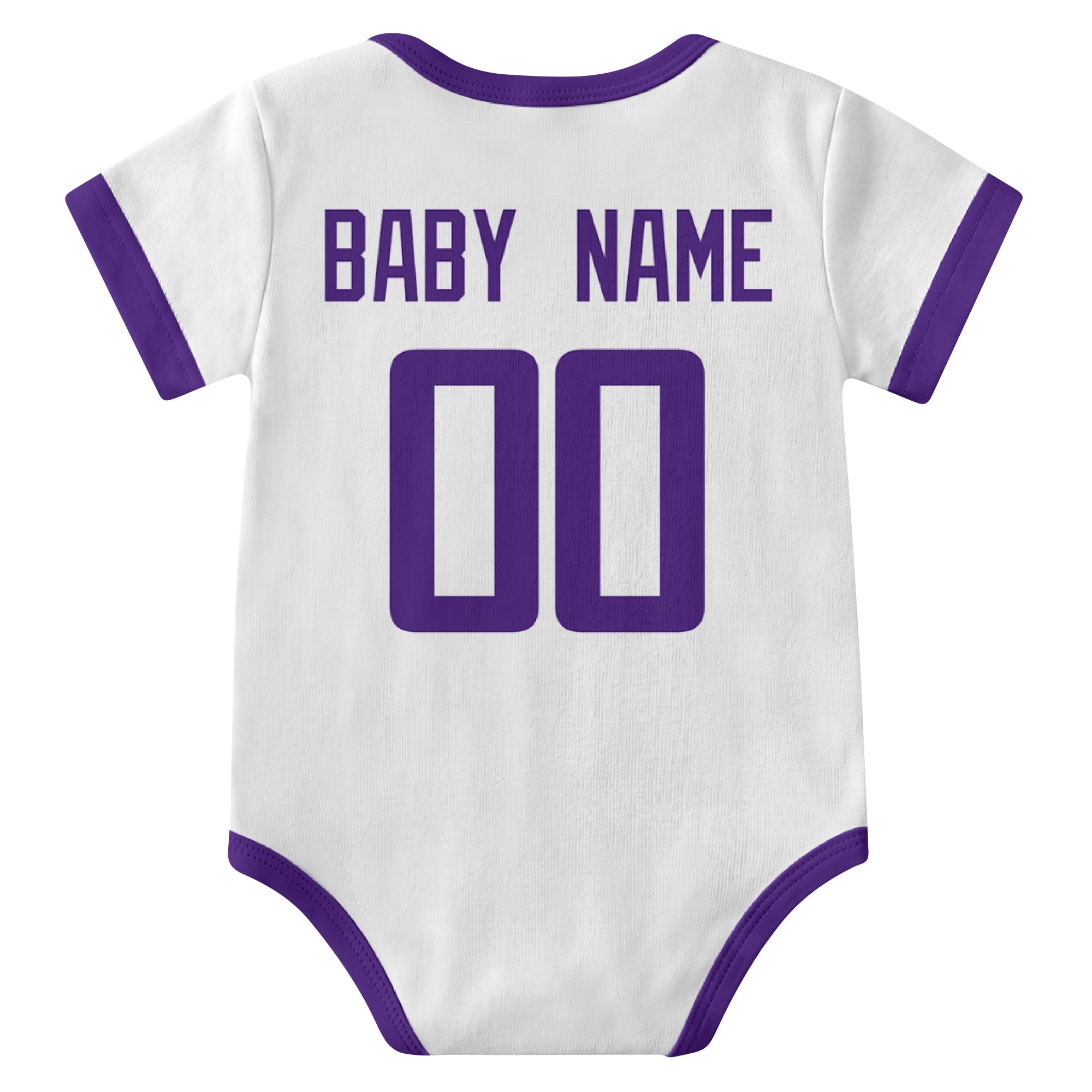 Minnesota White personalized baby football bodysuit back view with custom baby name and jersey number