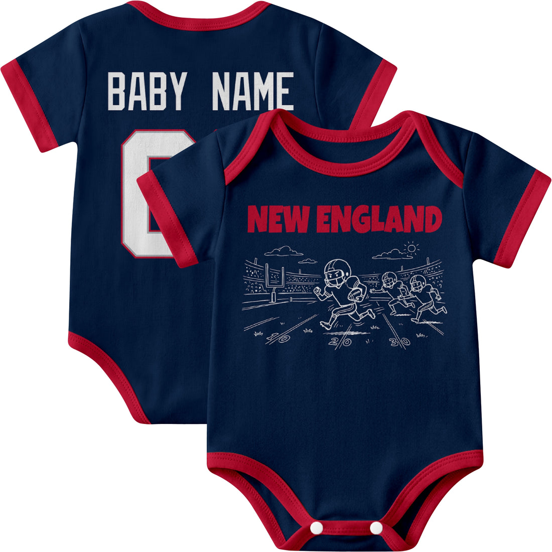 New England personalized baby football bodysuit in Navy showing front field action scene and back custom baby name and number