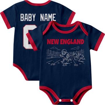 New England personalized baby football bodysuit in Navy showing front field action scene and back custom baby name and number