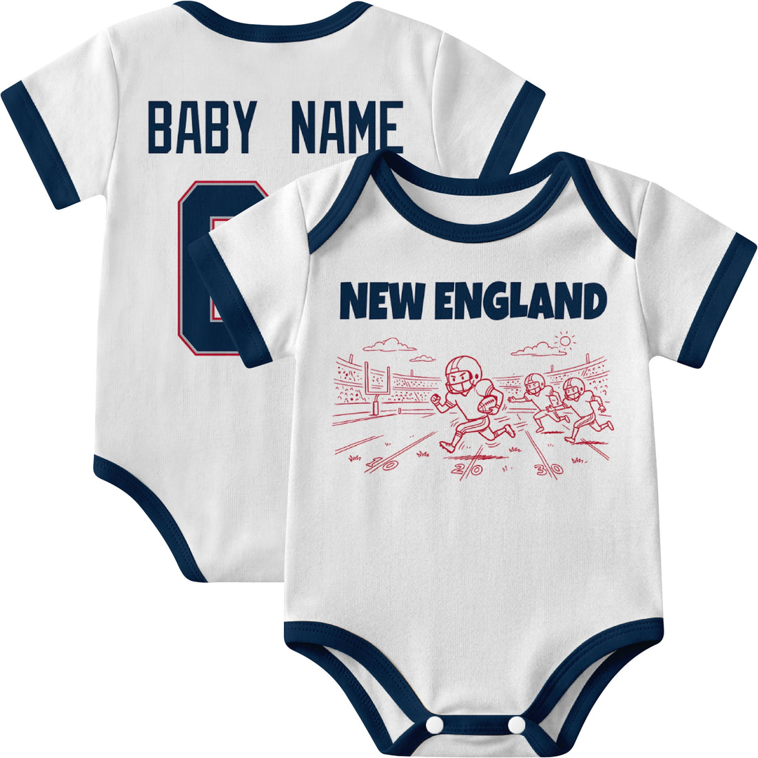 New England personalized baby football bodysuit in Navy showing front field action scene and back custom baby name and number