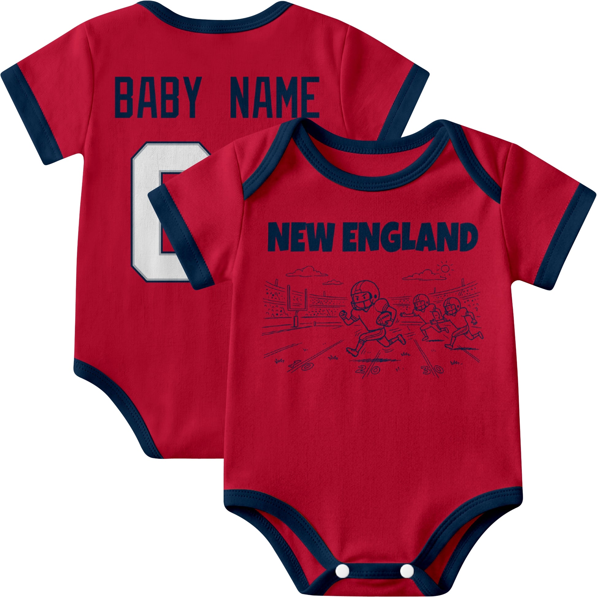 New England personalized baby football bodysuit in Red showing front field action scene and back custom baby name and number