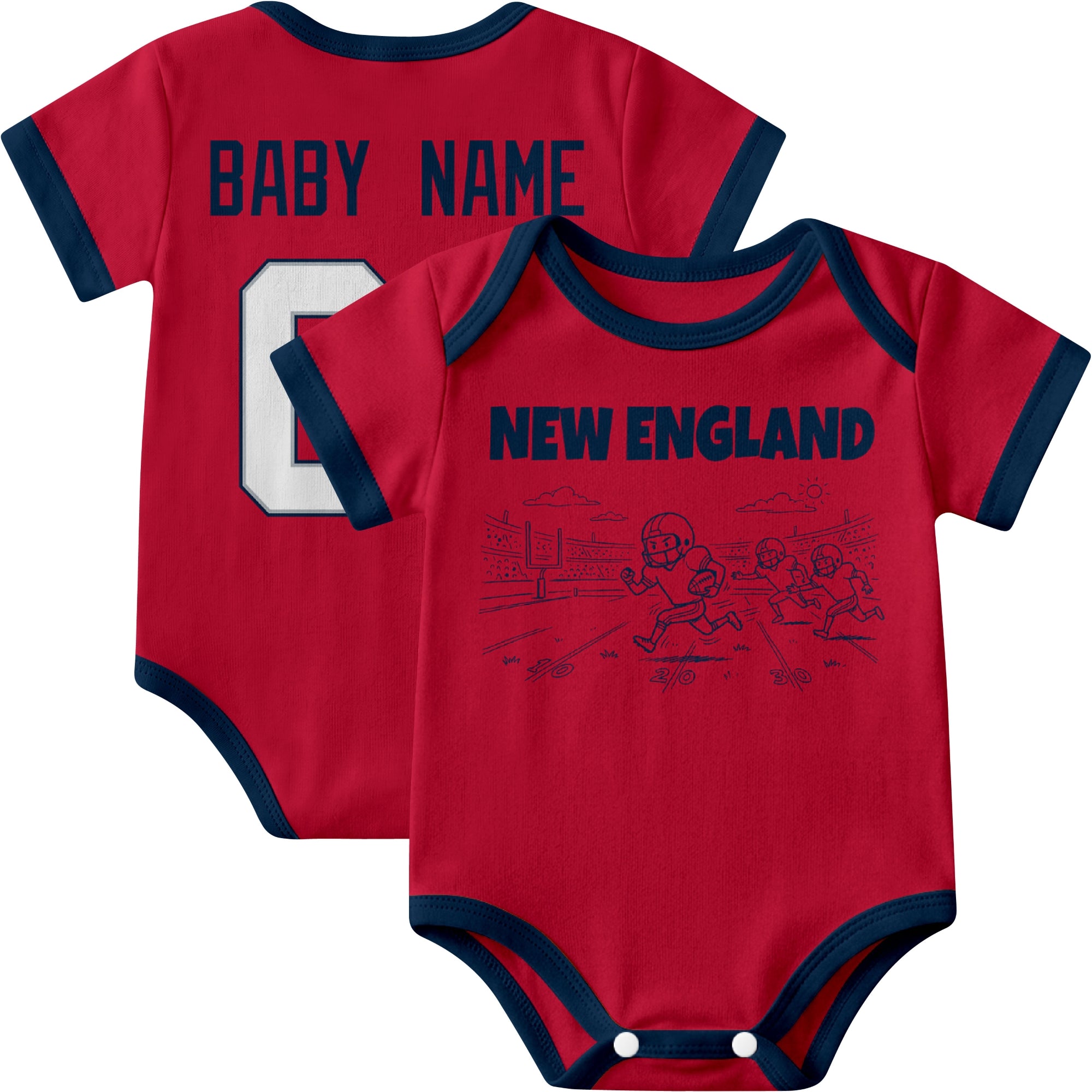 New England personalized baby football bodysuit in Red showing front field action scene and back custom baby name and number