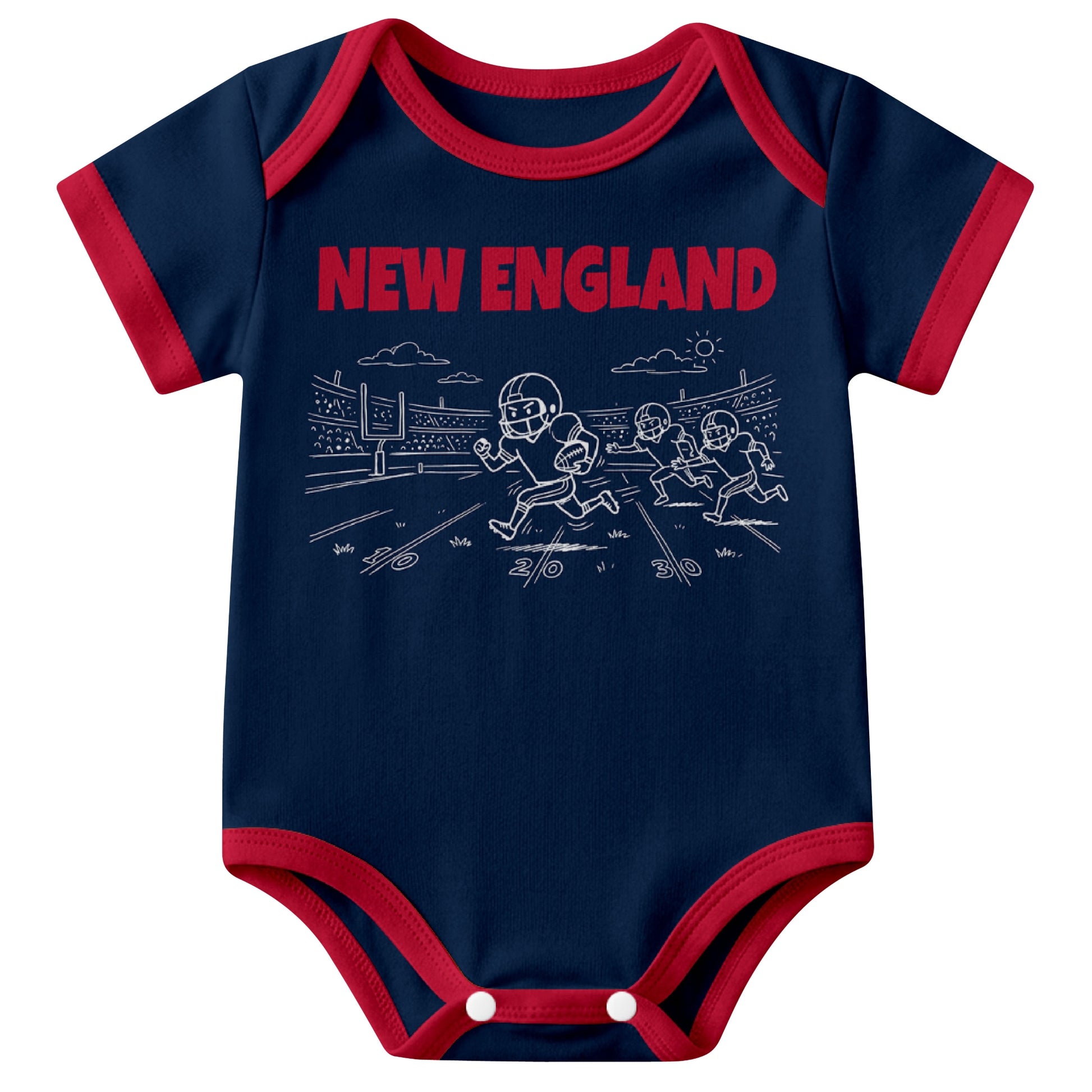 New England Navy baby football bodysuit front view with city lettering and football field action graphic