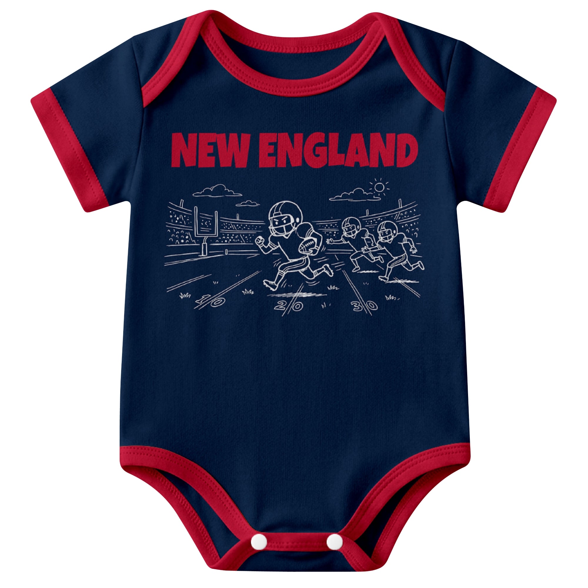 New England Navy baby football bodysuit front view with city lettering and football field action graphic