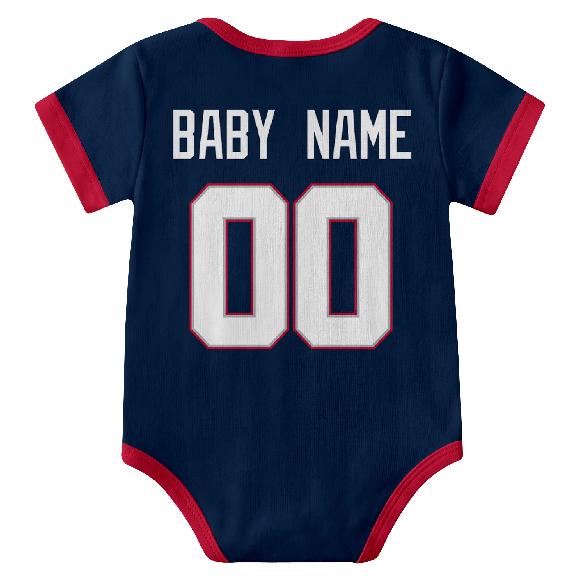 New England Navy personalized baby football bodysuit back view with custom baby name and jersey number