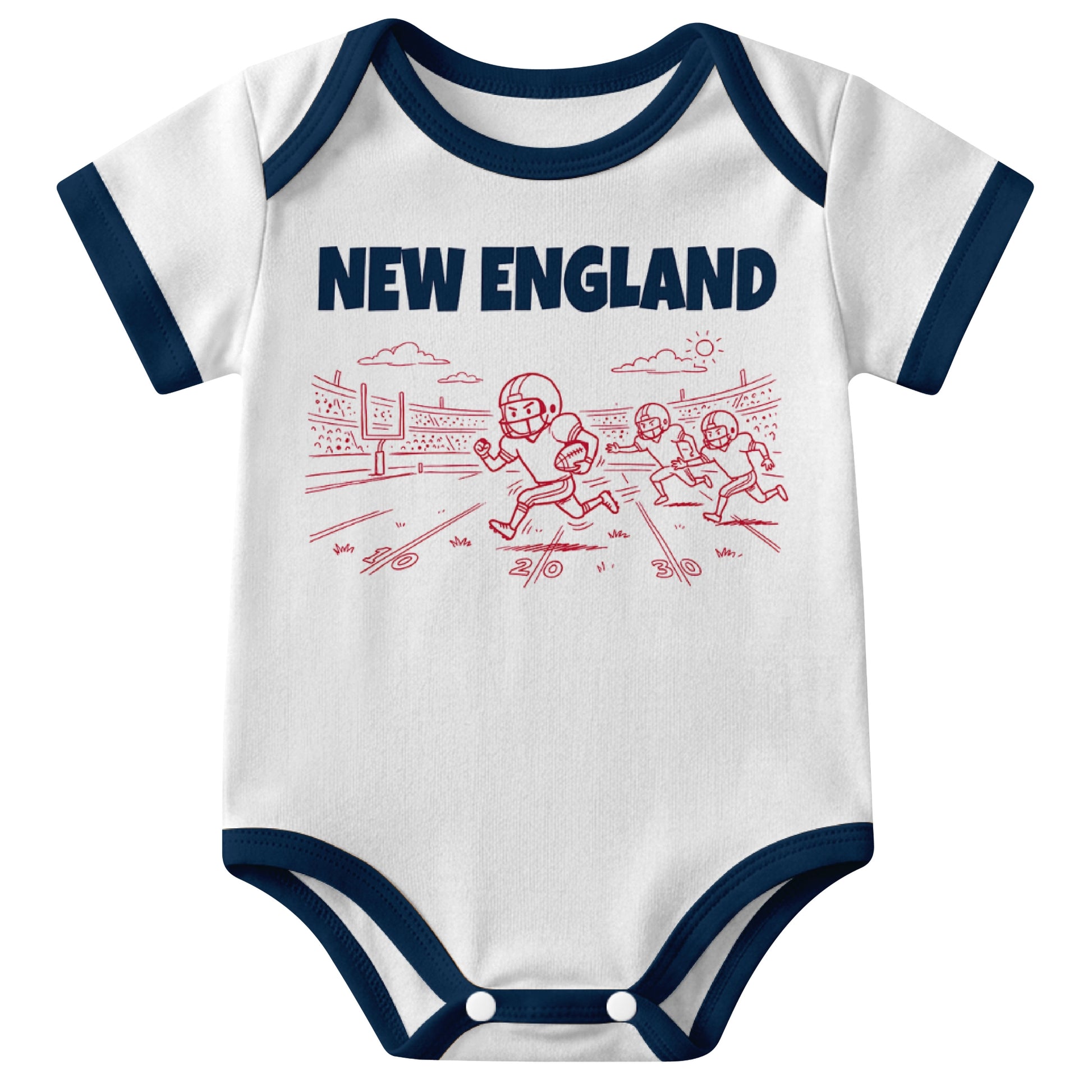 New England White baby football bodysuit front view with city lettering and football field action graphic