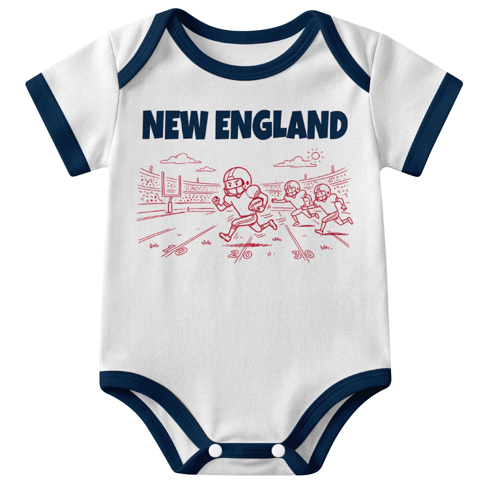 New England White baby football bodysuit front view with city lettering and football field action graphic