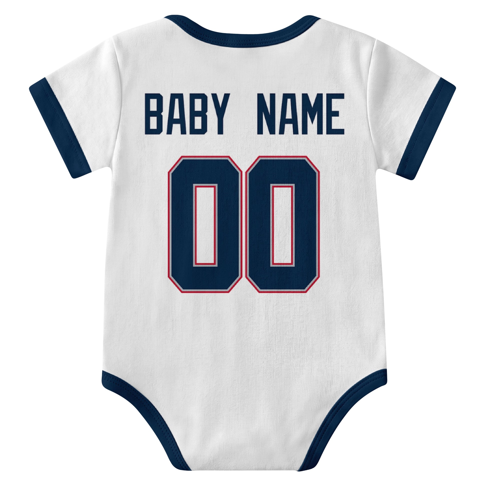New England White personalized baby football bodysuit back view with custom baby name and jersey number