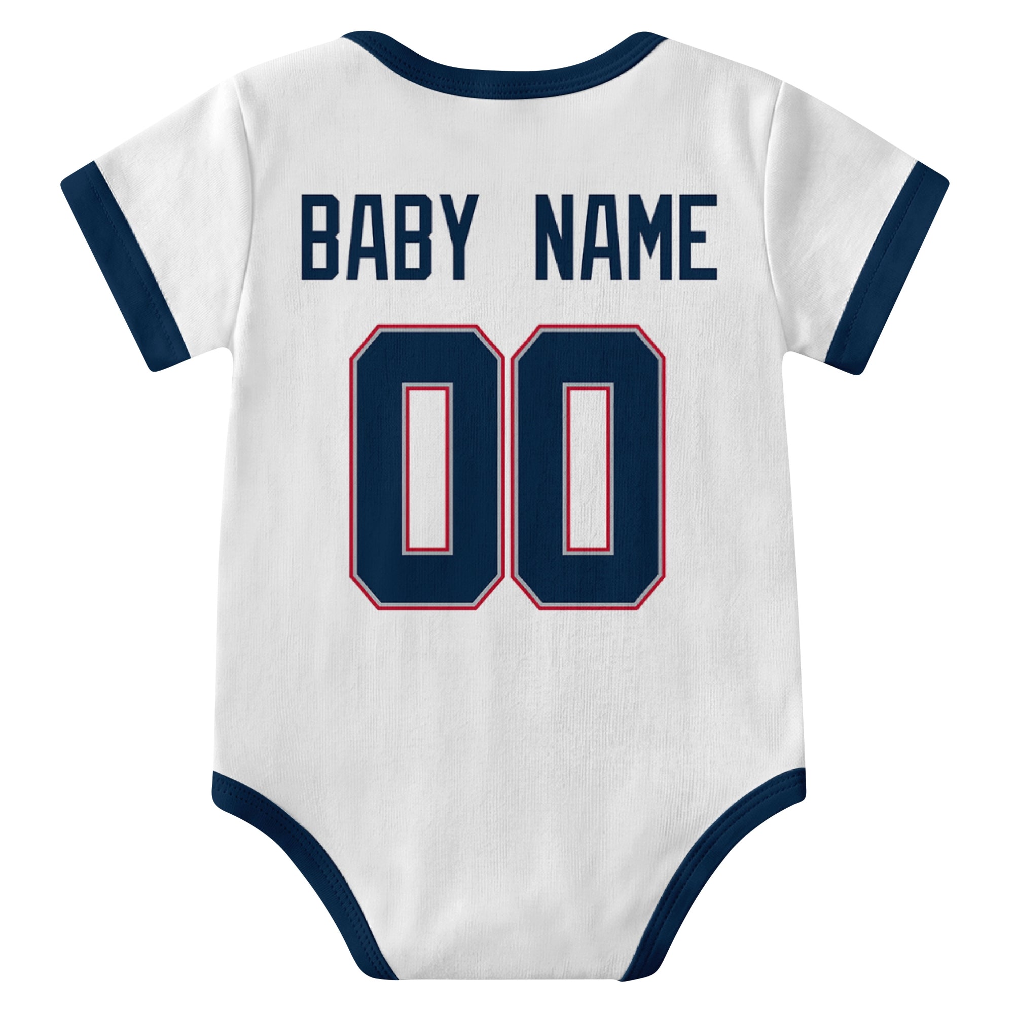 New England White personalized baby football bodysuit back view with custom baby name and jersey number