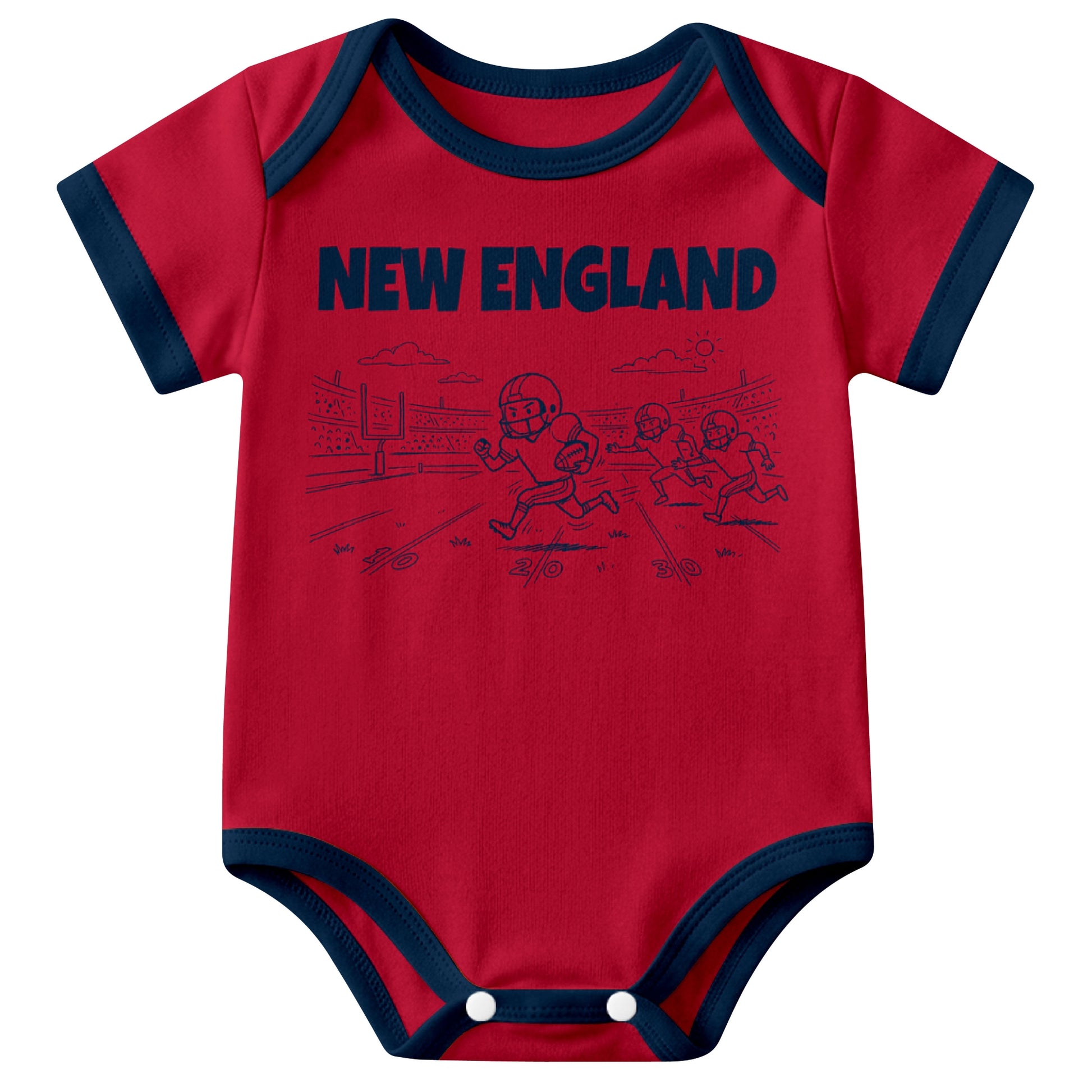 New England Red baby football bodysuit front view with city lettering and football field action graphic