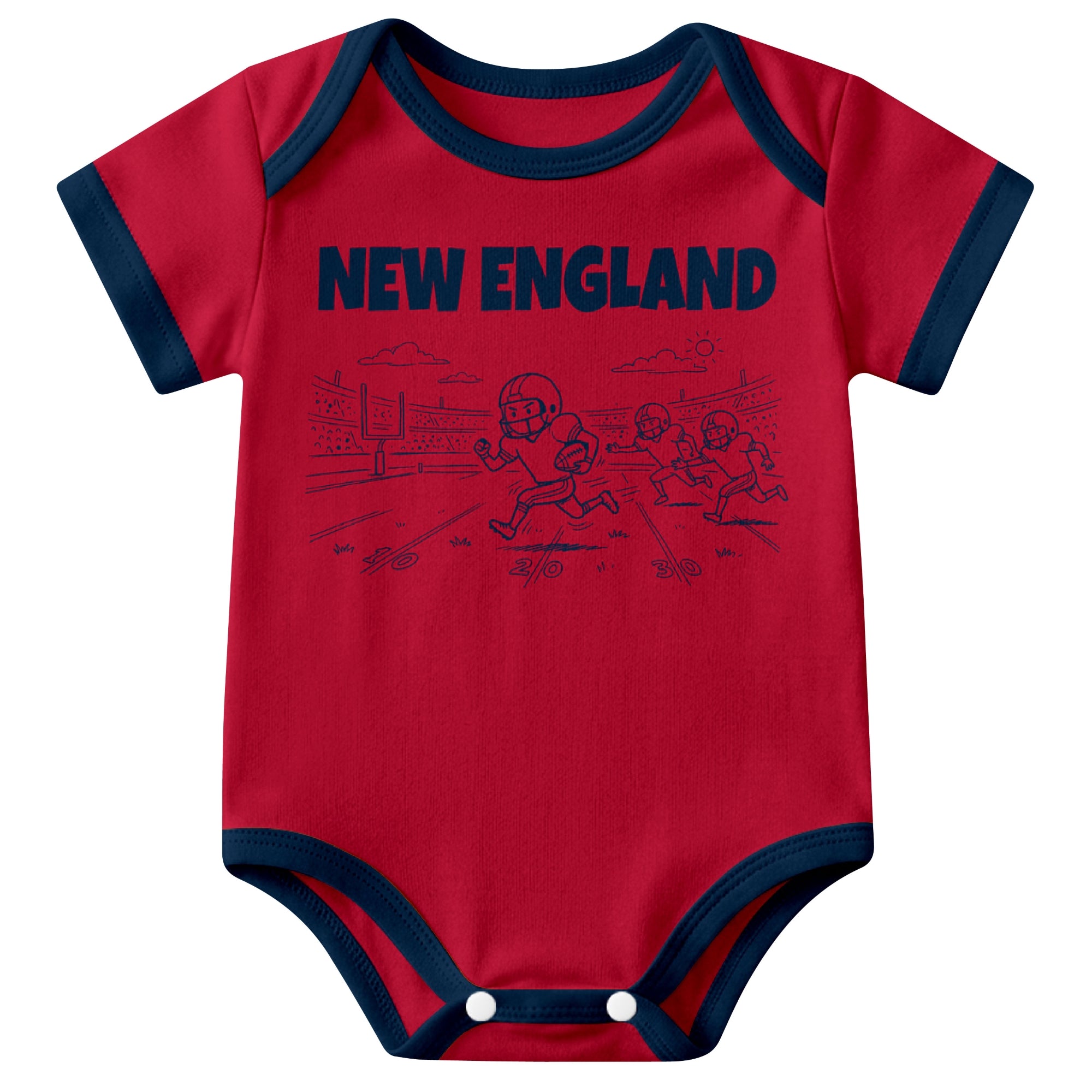 New England Red baby football bodysuit front view with city lettering and football field action graphic