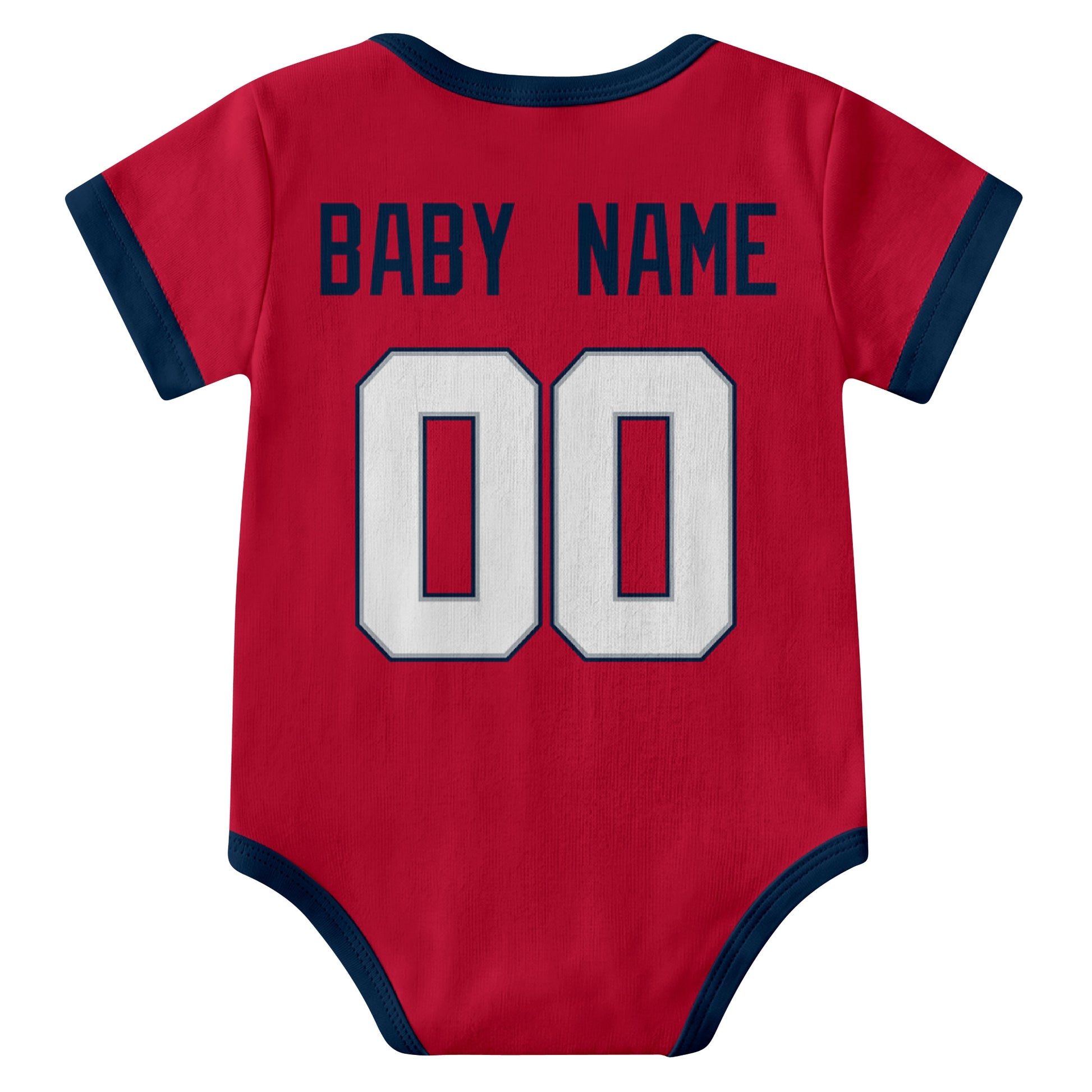 New England Red personalized baby football bodysuit back view with custom baby name and jersey number
