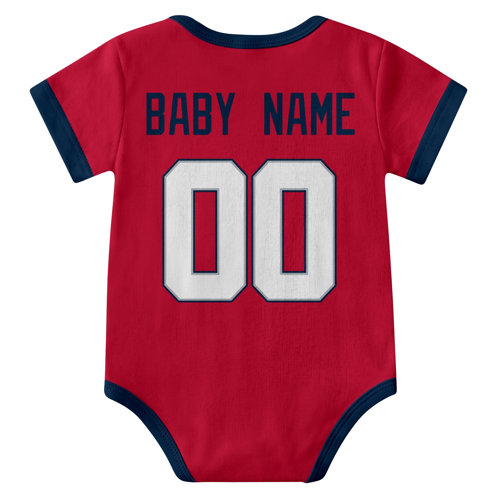 New England Red personalized baby football bodysuit back view with custom baby name and jersey number