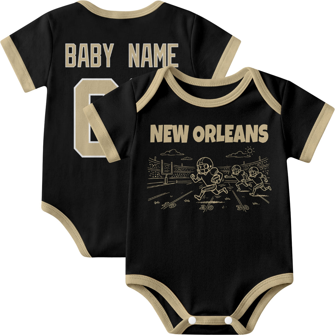 New Orleans personalized baby football bodysuit in Black showing front field action scene and back custom baby name and number