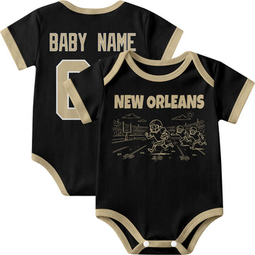 New Orleans personalized baby football bodysuit in Black showing front field action scene and back custom baby name and number