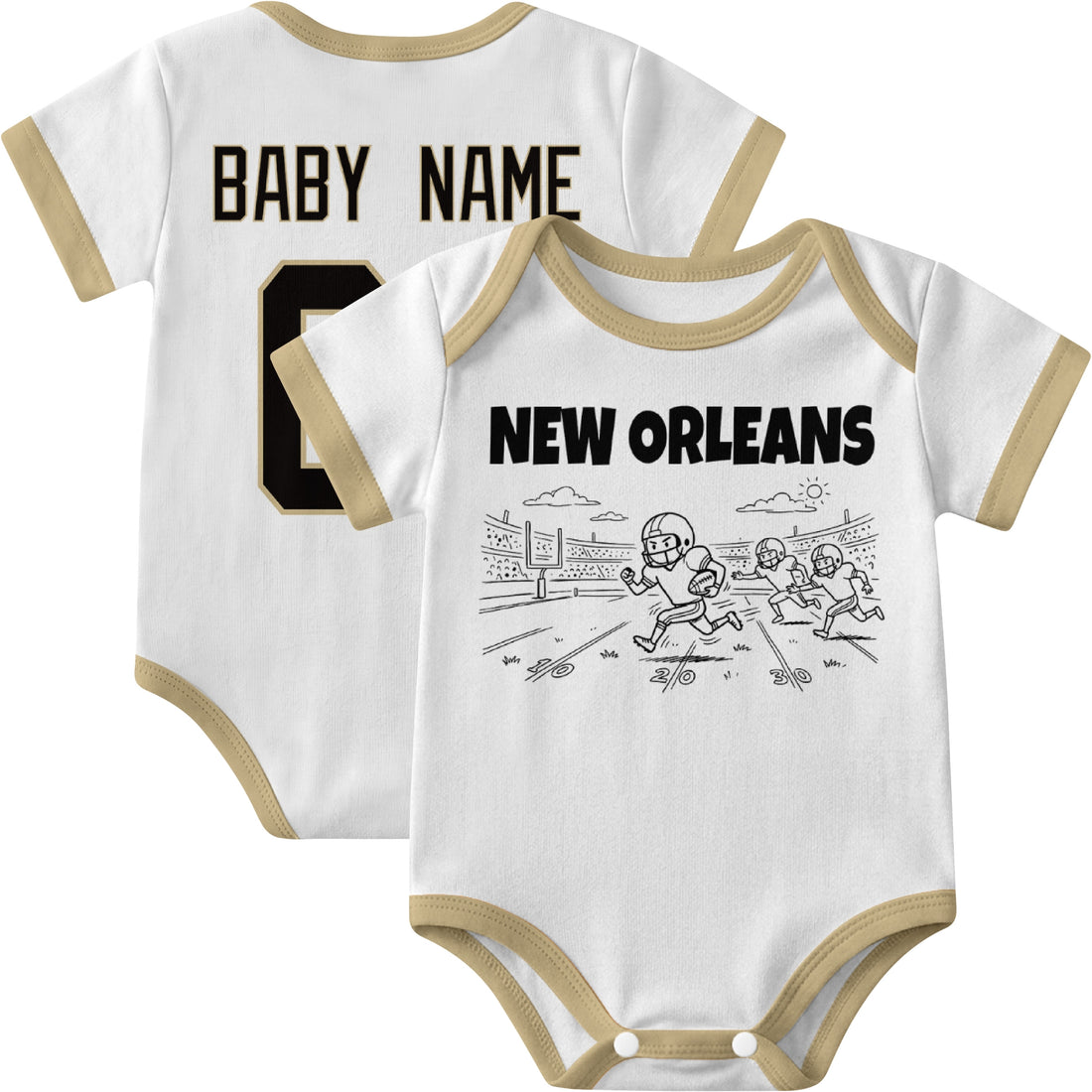 New Orleans personalized baby football bodysuit in Black showing front field action scene and back custom baby name and number