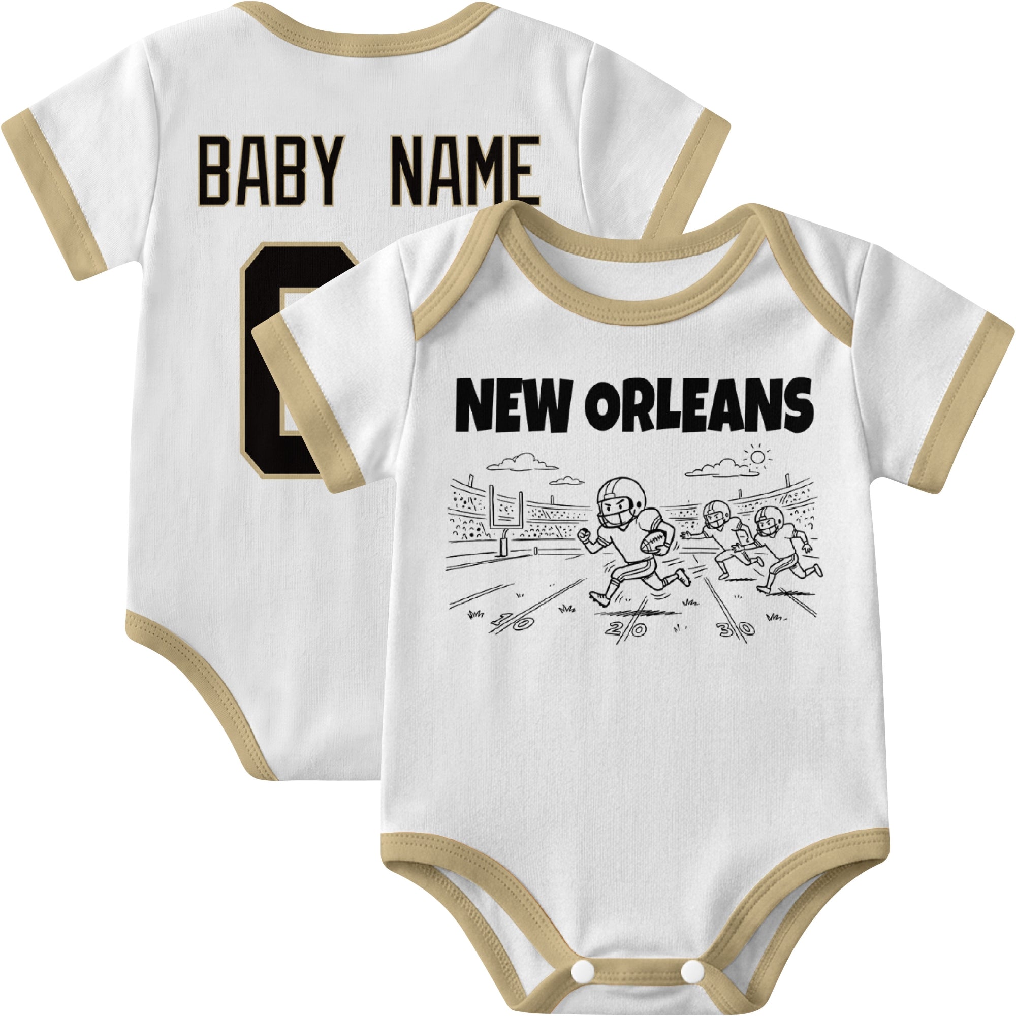 New Orleans personalized baby football bodysuit in White showing front field action scene and back custom baby name and number