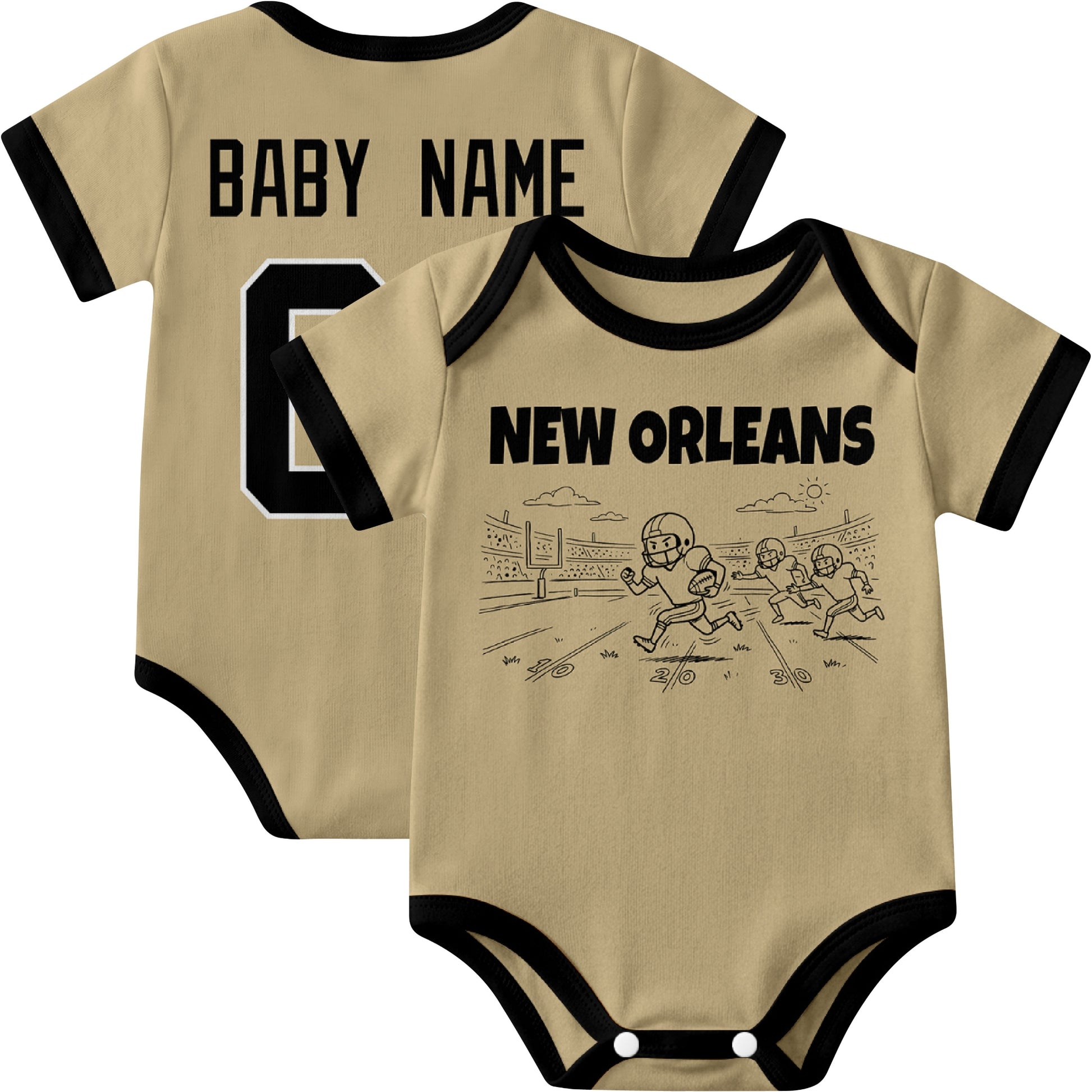 New Orleans personalized baby football bodysuit in Gold showing front field action scene and back custom baby name and number