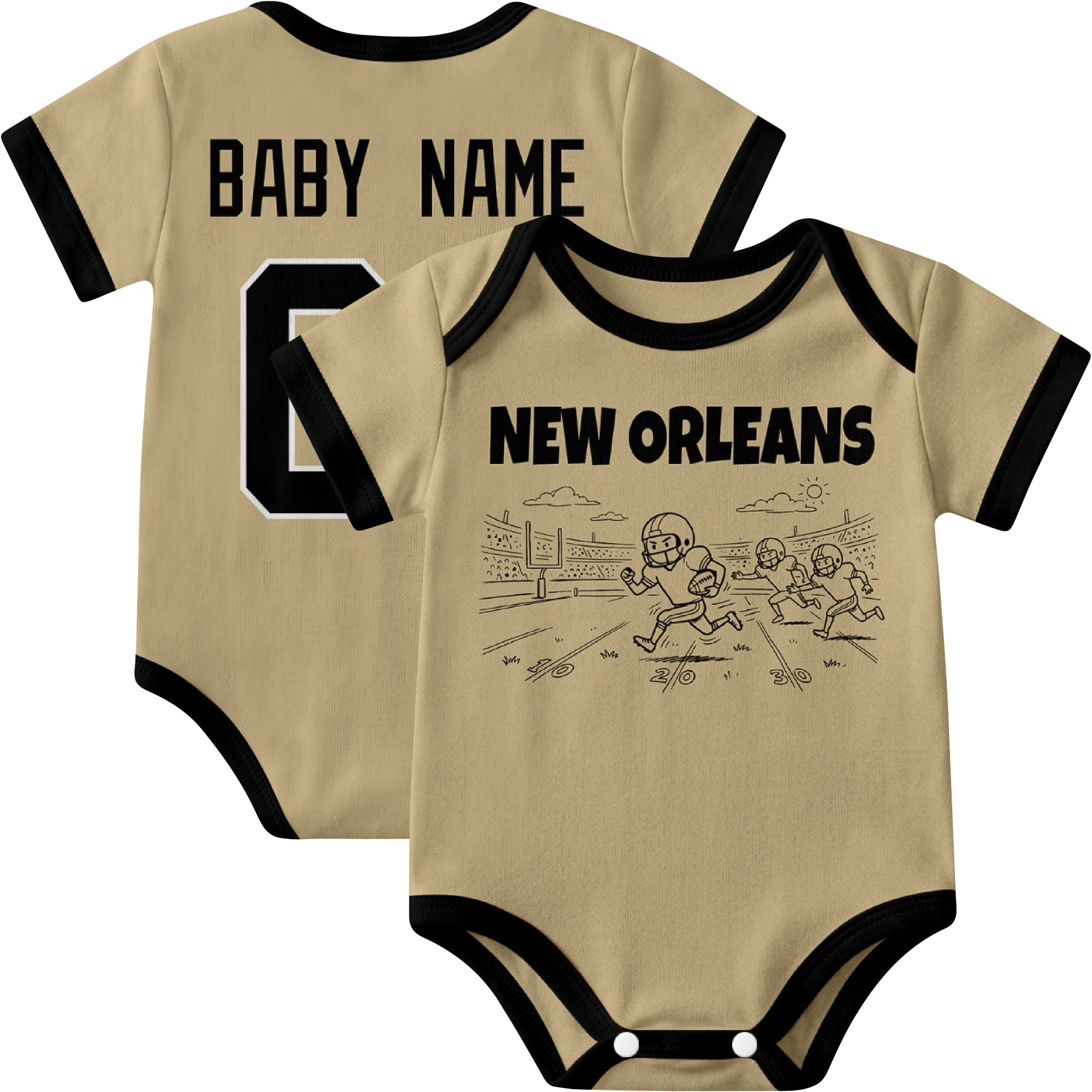New Orleans personalized baby football bodysuit in Gold showing front field action scene and back custom baby name and number