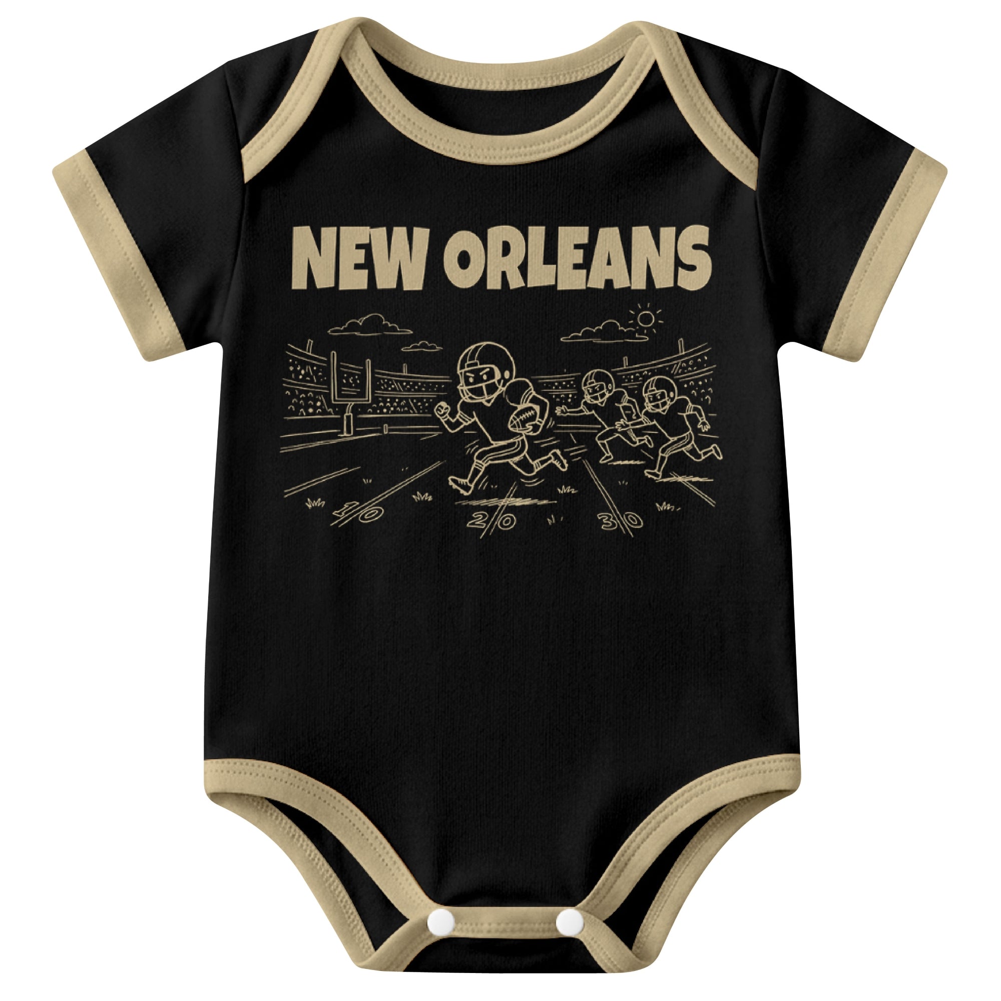 New Orleans Black baby football bodysuit front view with city lettering and football field action graphic