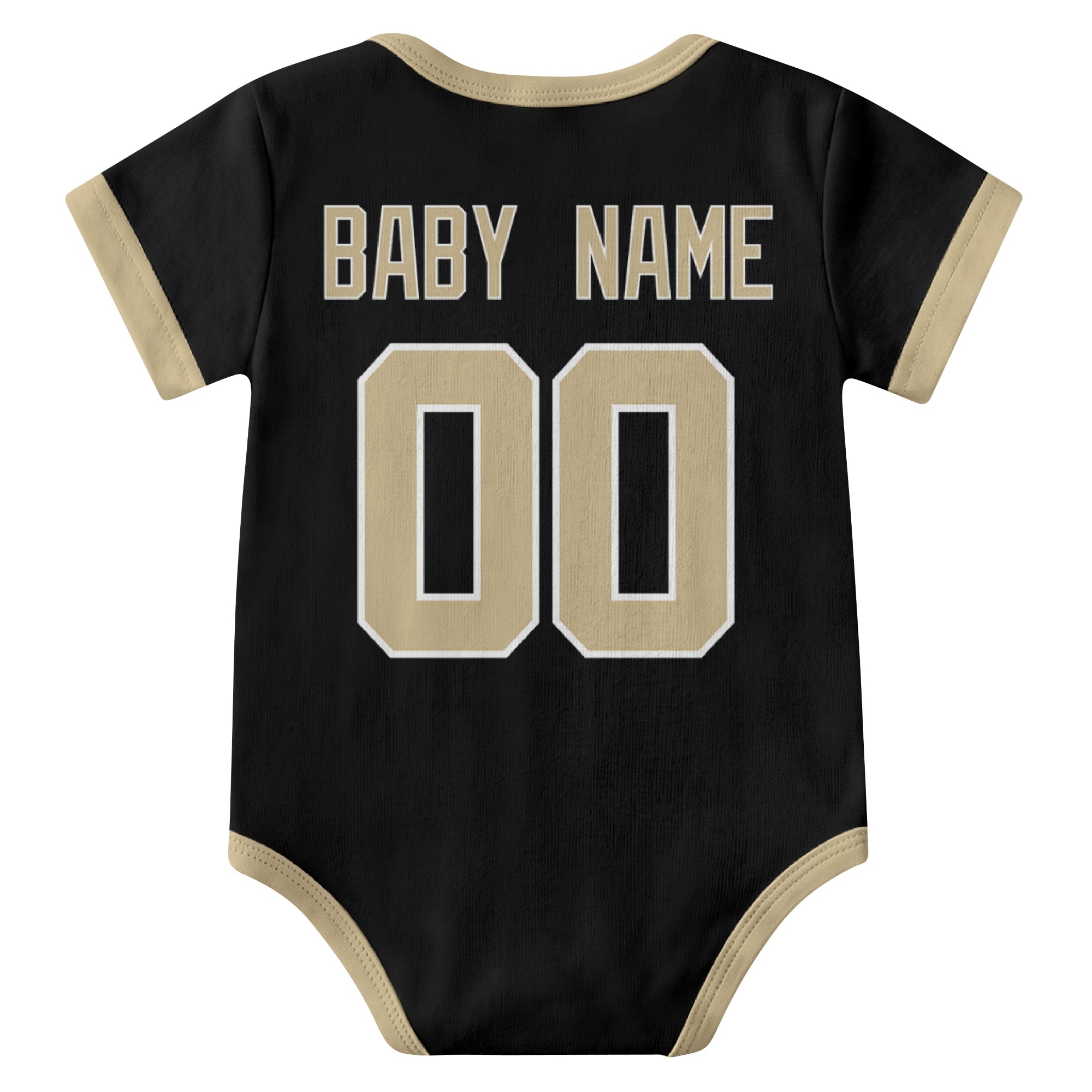 New Orleans Black personalized baby football bodysuit back view with custom baby name and jersey number