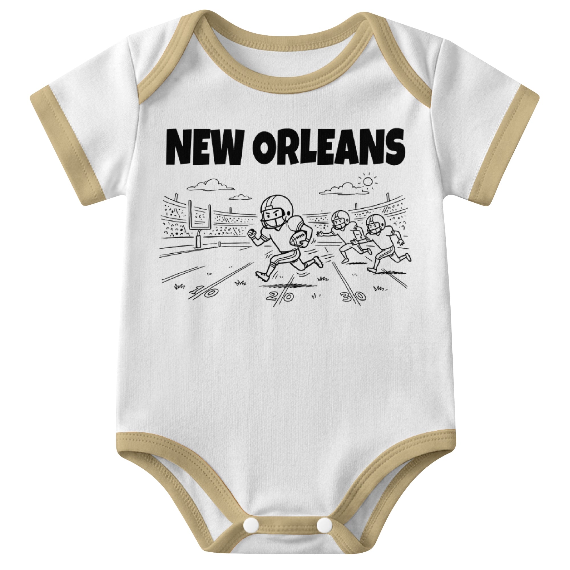 New Orleans White baby football bodysuit front view with city lettering and football field action graphic
