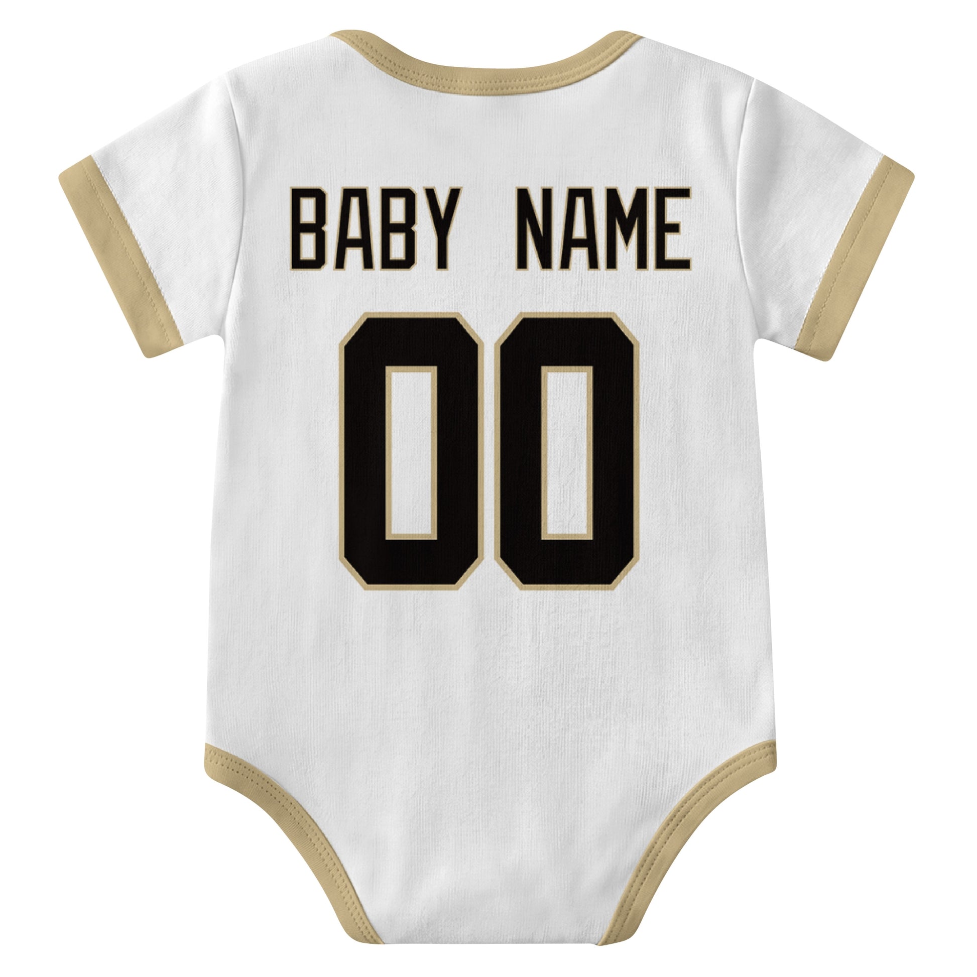 New Orleans White personalized baby football bodysuit back view with custom baby name and jersey number