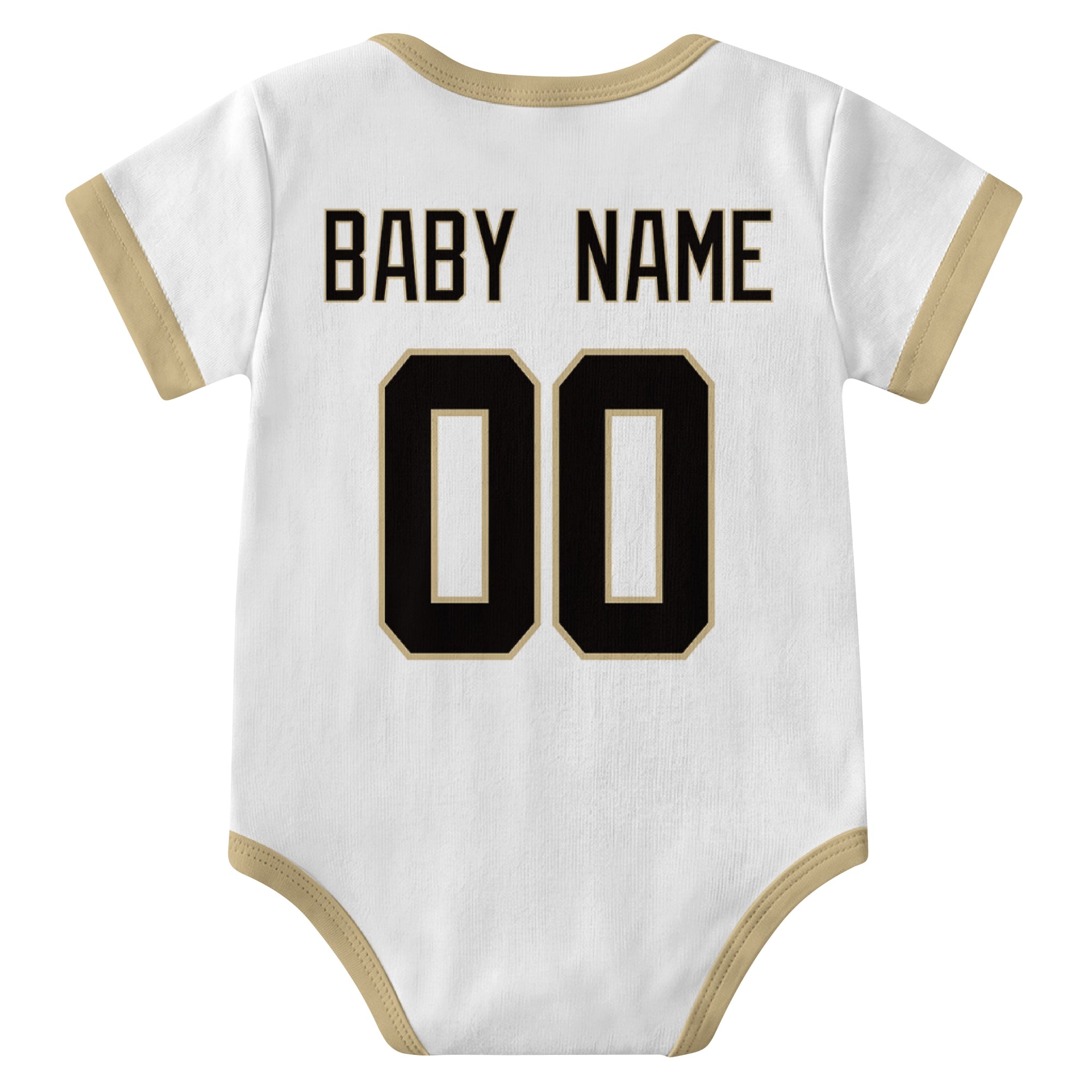 New Orleans White personalized baby football bodysuit back view with custom baby name and jersey number
