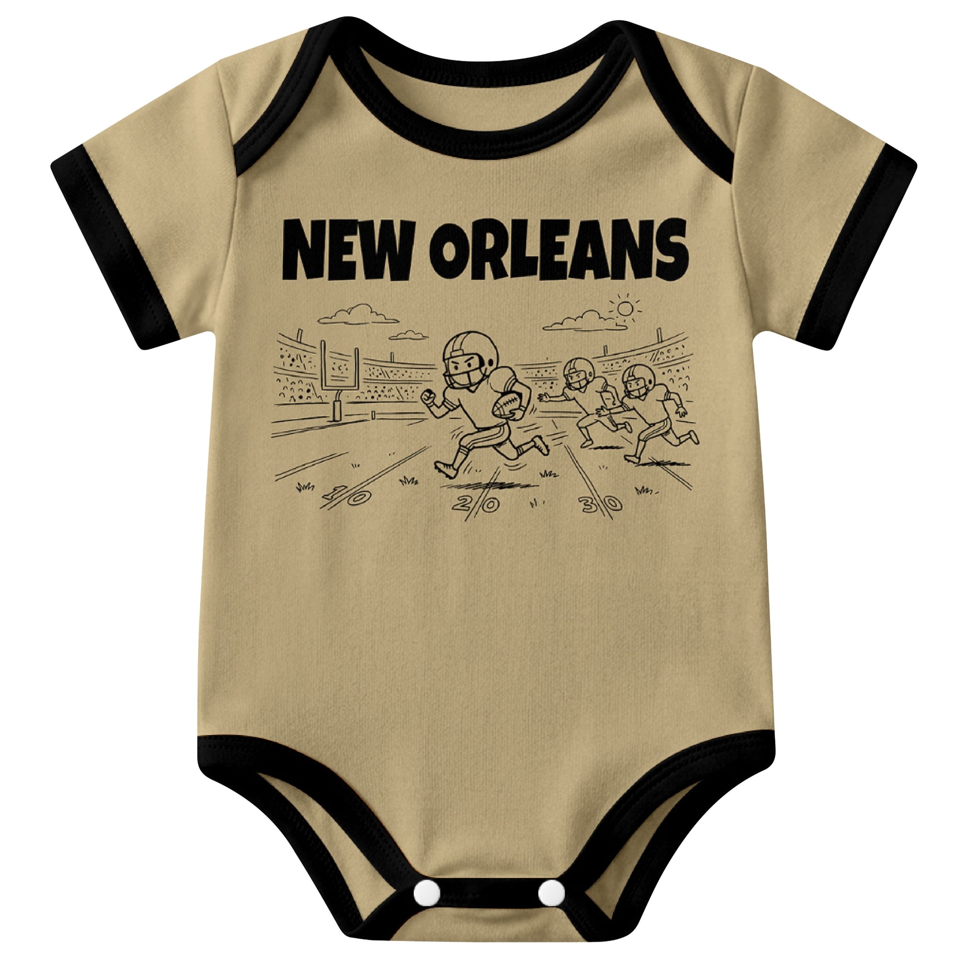 New Orleans Gold baby football bodysuit front view with city lettering and football field action graphic