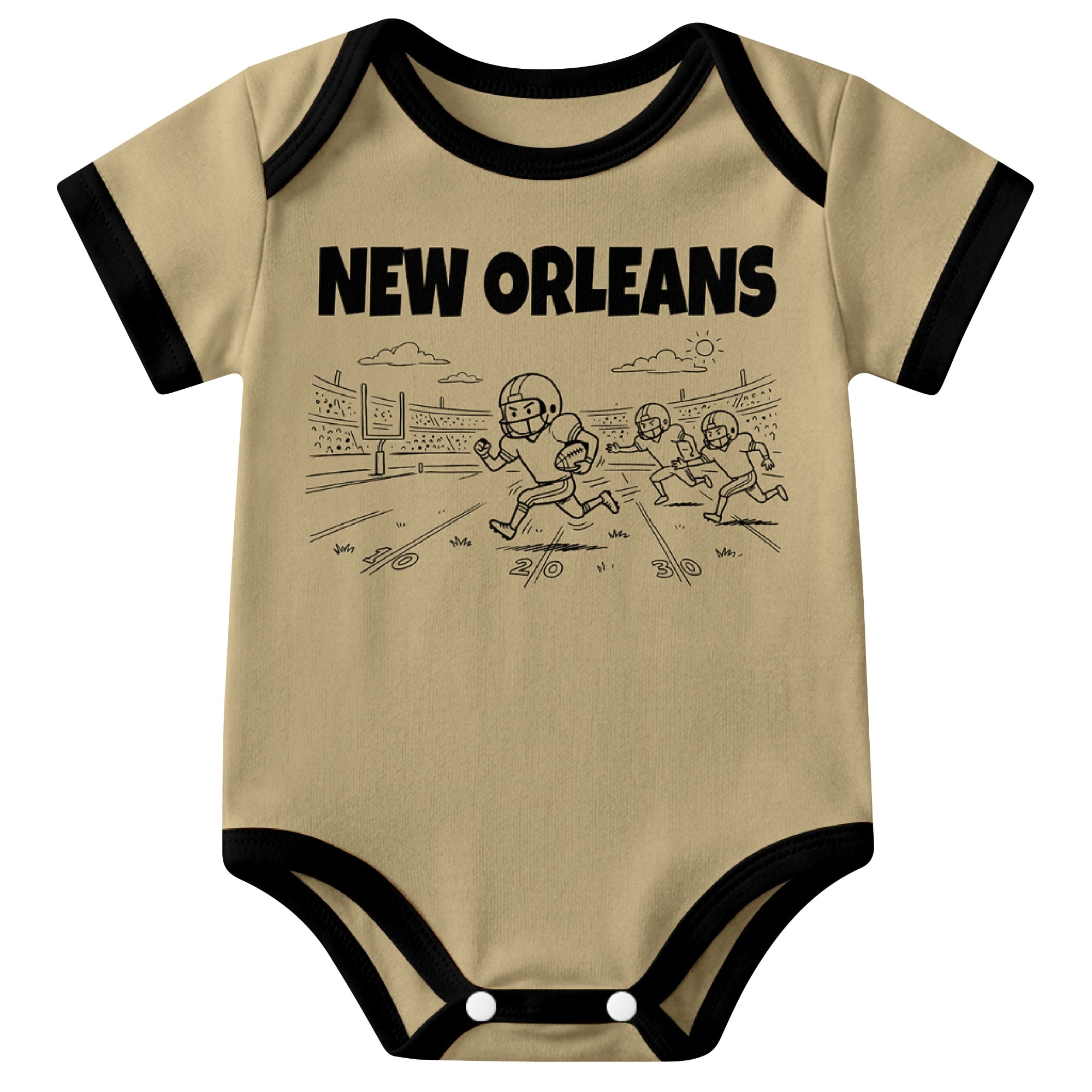 New Orleans Gold baby football bodysuit front view with city lettering and football field action graphic