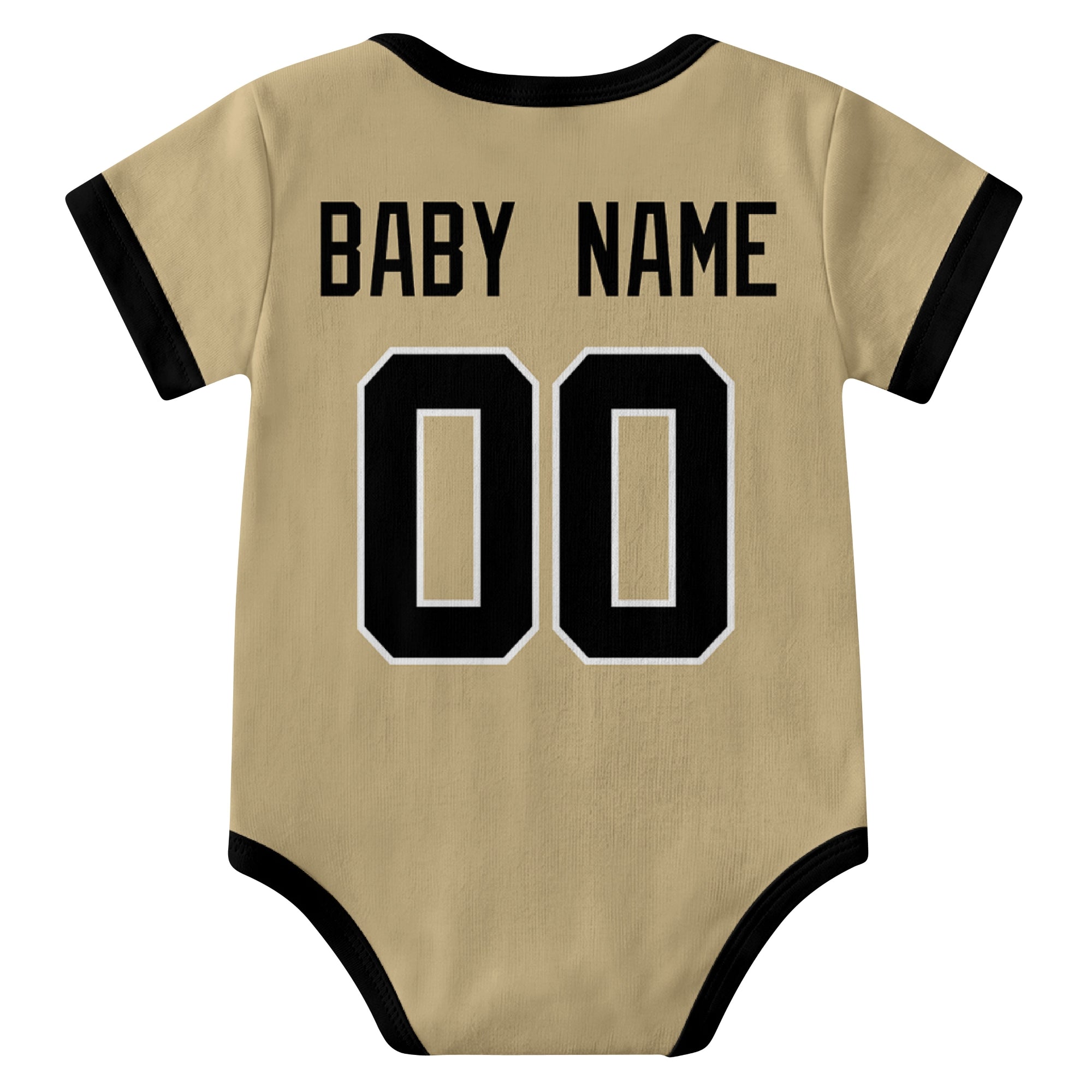 New Orleans Gold personalized baby football bodysuit back view with custom baby name and jersey number