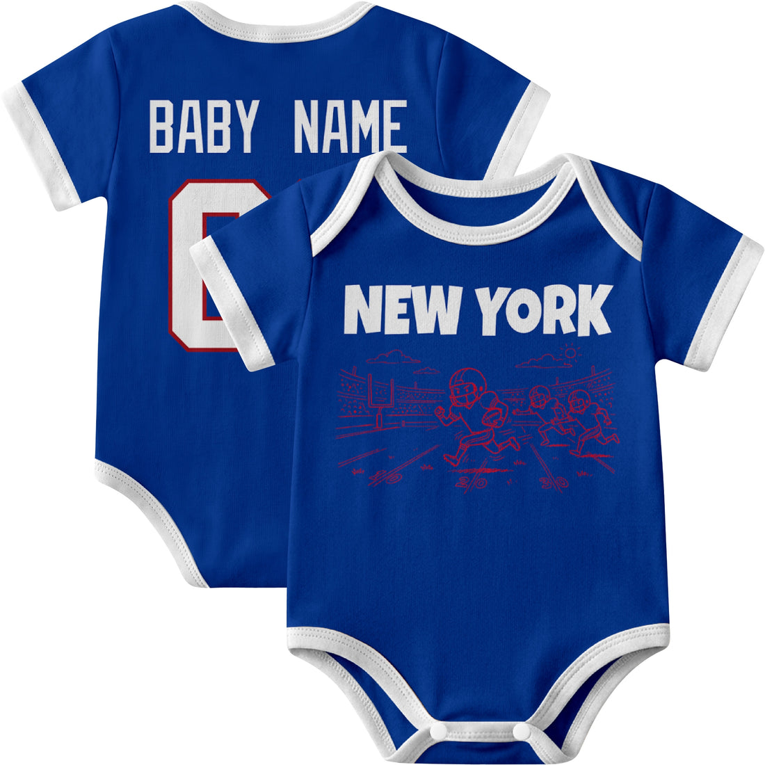 New York Blue personalized baby football bodysuit in Royal showing front field action scene and back custom baby name and number