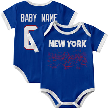 New York Blue personalized baby football bodysuit in Royal showing front field action scene and back custom baby name and number