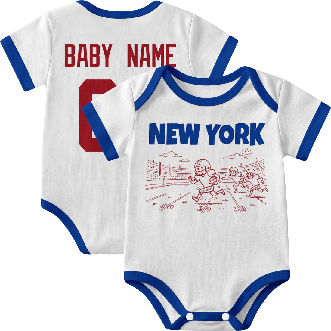 New York Blue personalized baby football bodysuit in Royal showing front field action scene and back custom baby name and number