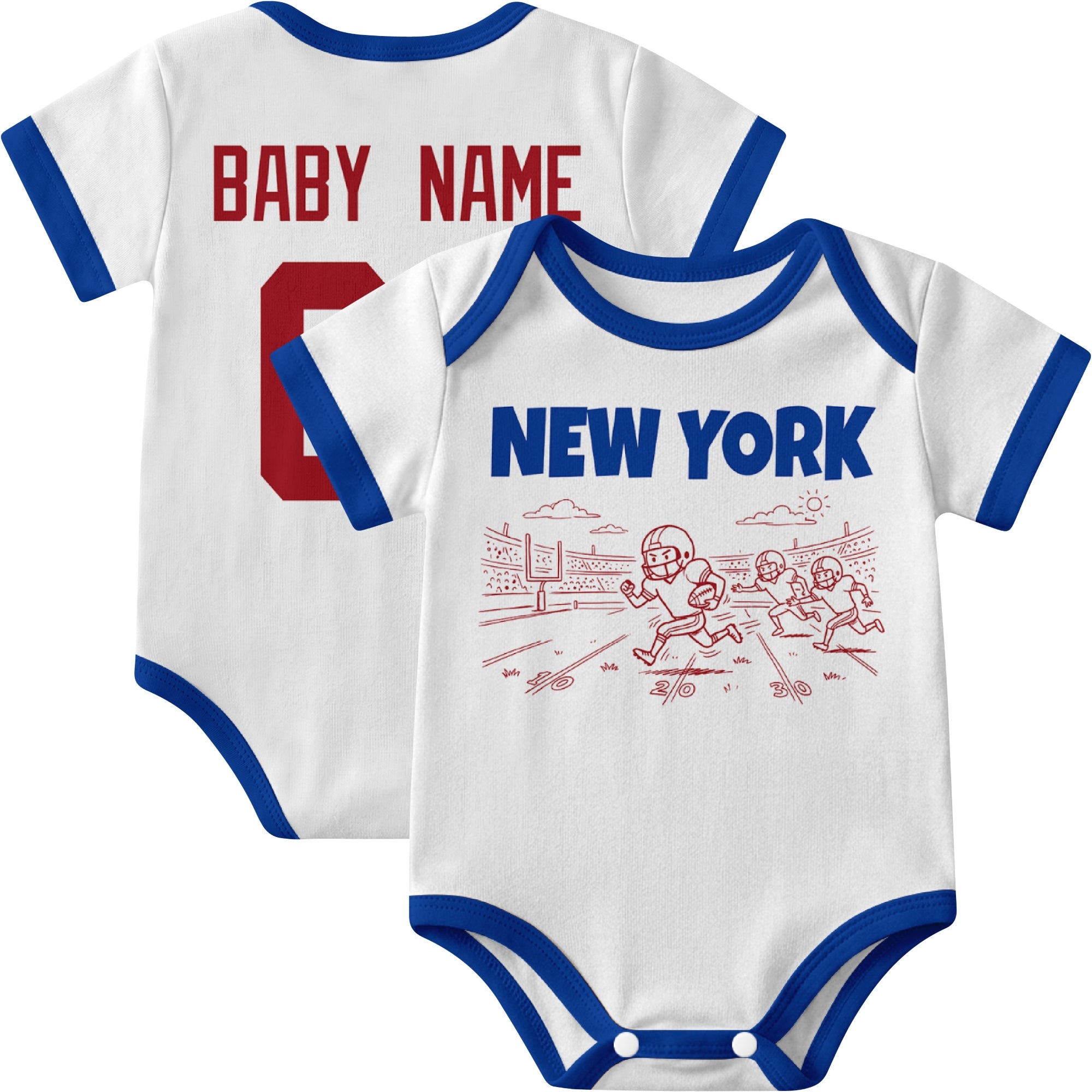 New York Blue personalized baby football bodysuit in White showing front field action scene and back custom baby name and number