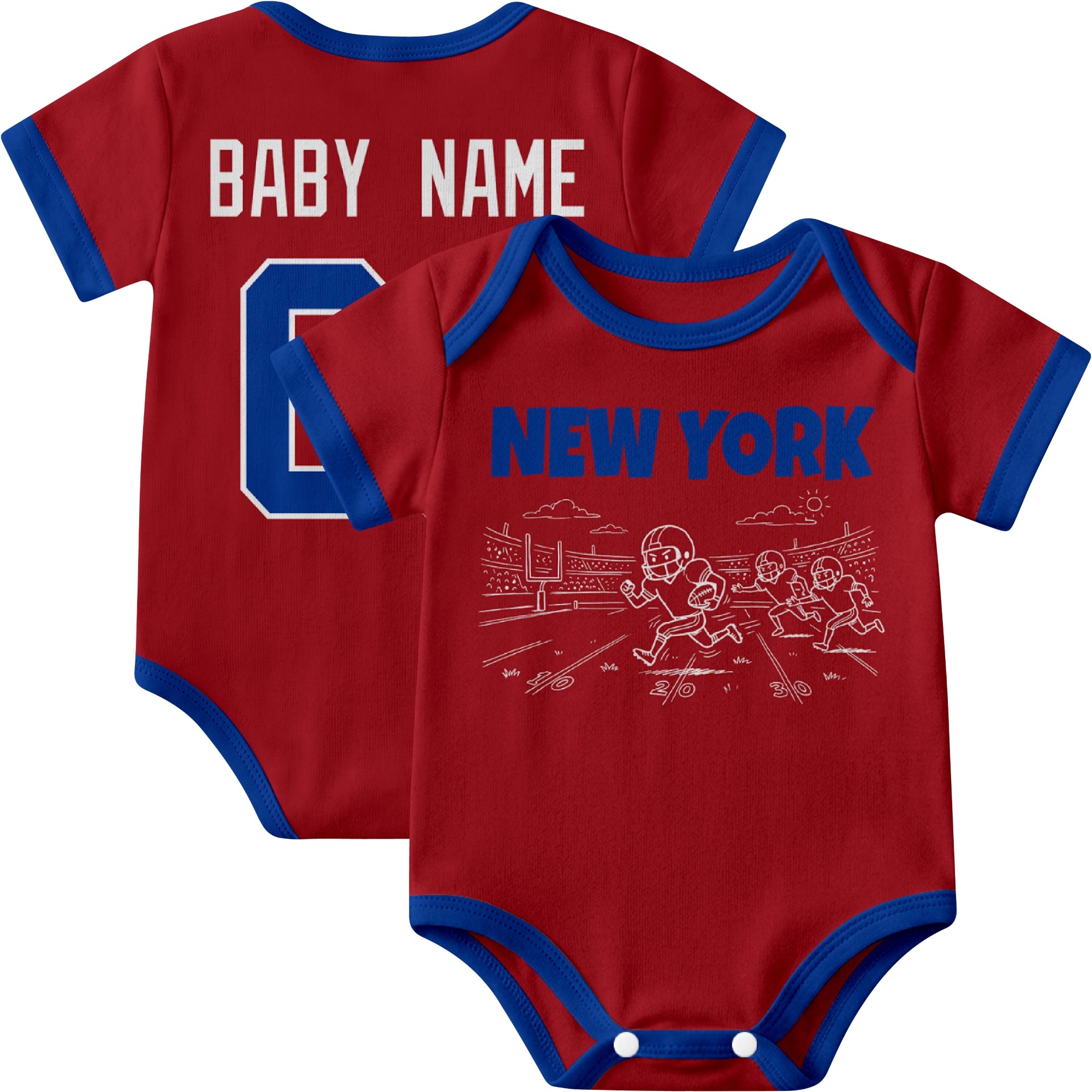 New York Blue personalized baby football bodysuit in Red showing front field action scene and back custom baby name and number