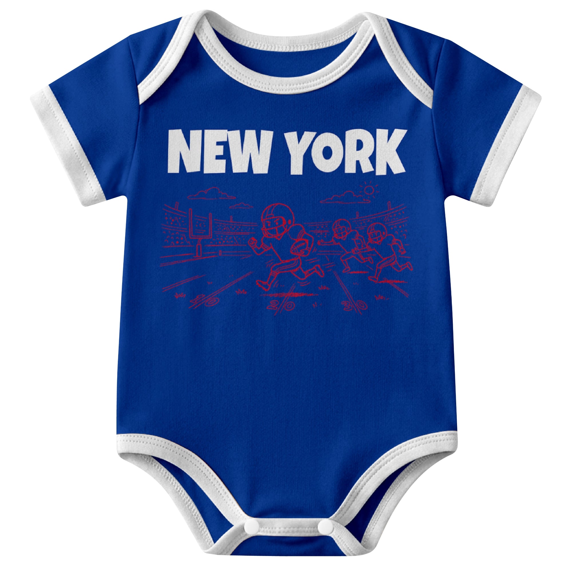 New York Blue Royal baby football bodysuit front view with city lettering and football field action graphic