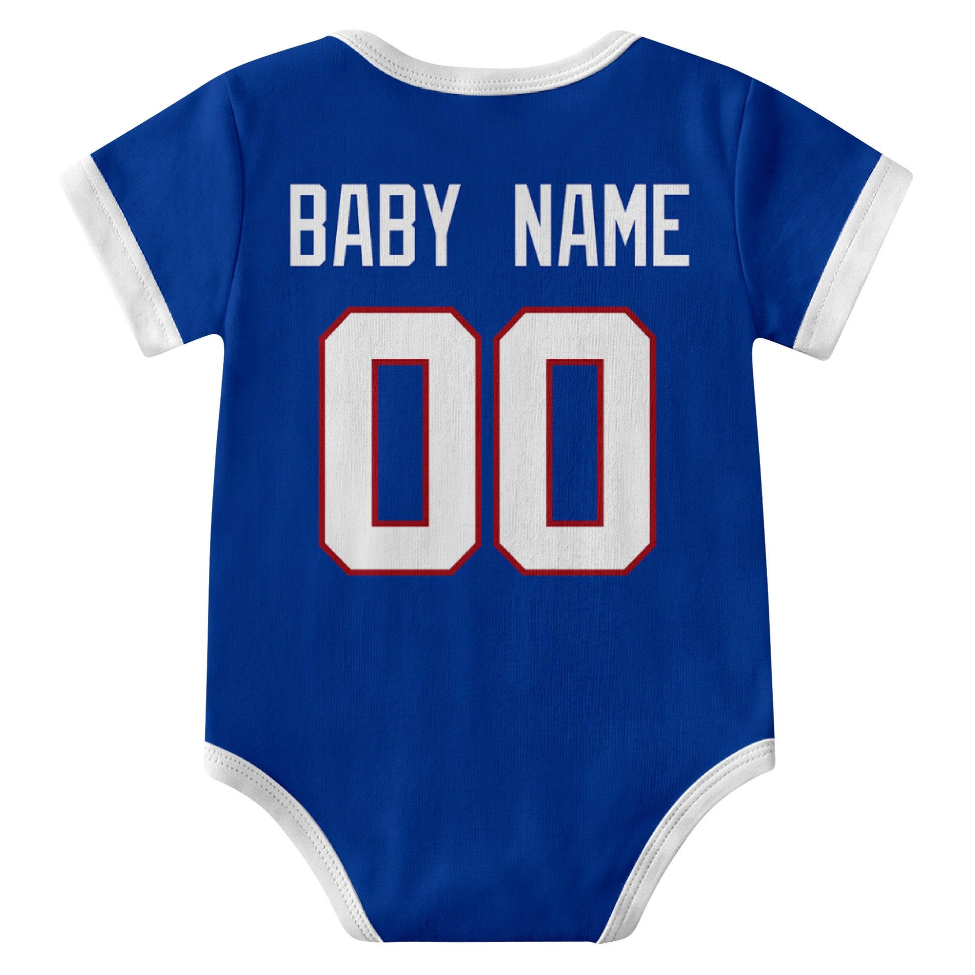 New York Blue Royal personalized baby football bodysuit back view with custom baby name and jersey number