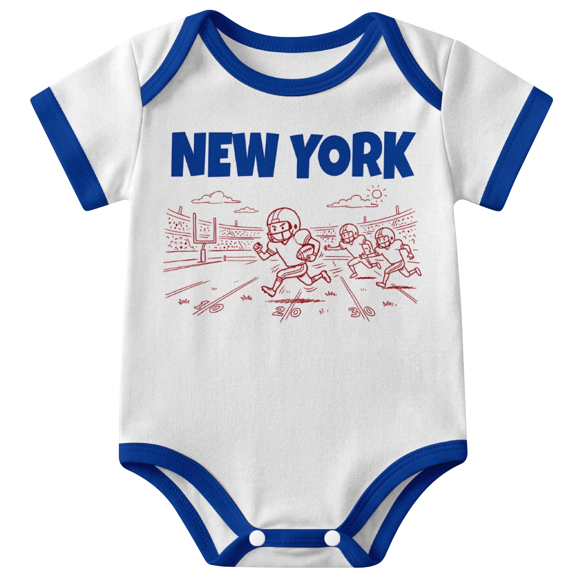 New York Blue White baby football bodysuit front view with city lettering and football field action graphic