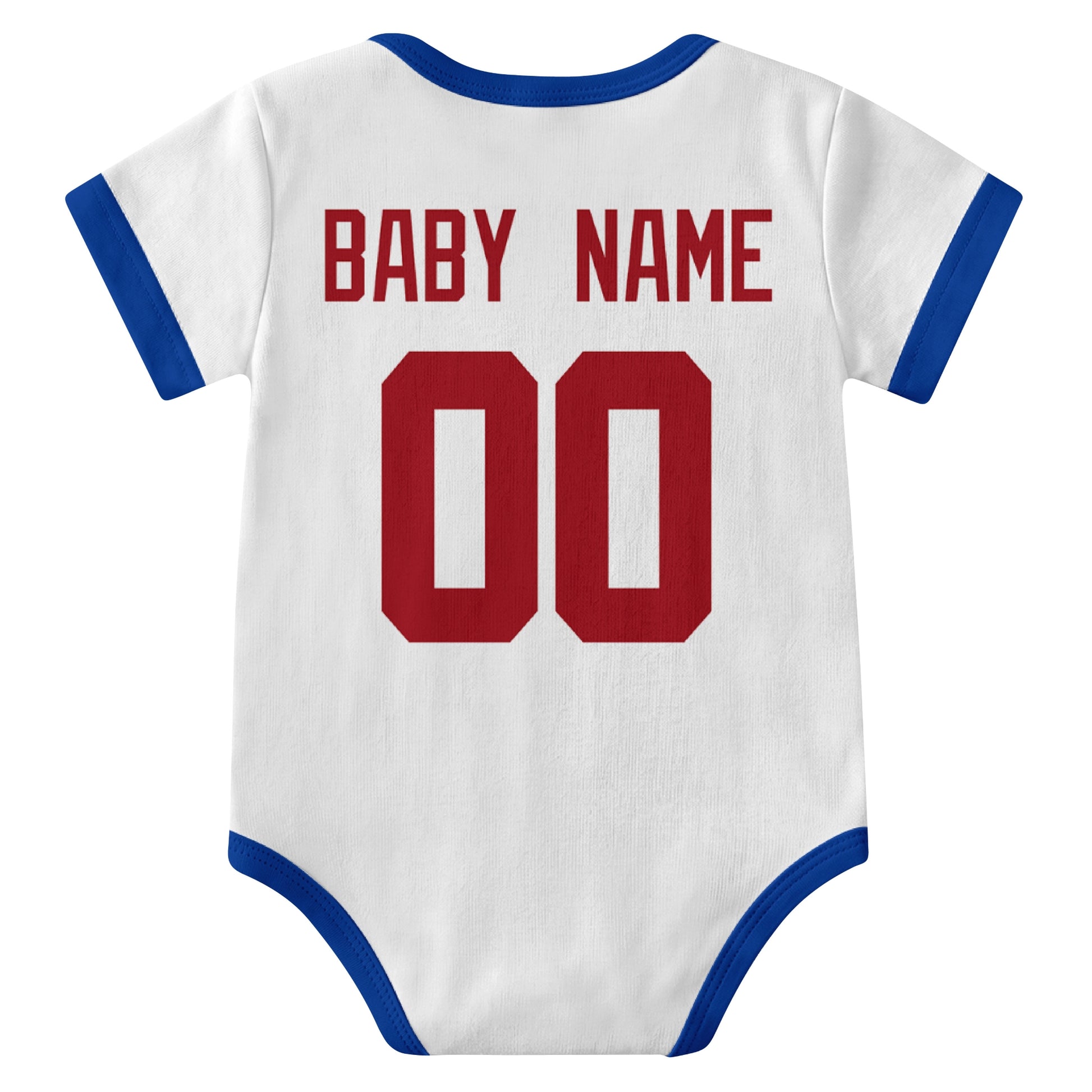 New York Blue White personalized baby football bodysuit back view with custom baby name and jersey number