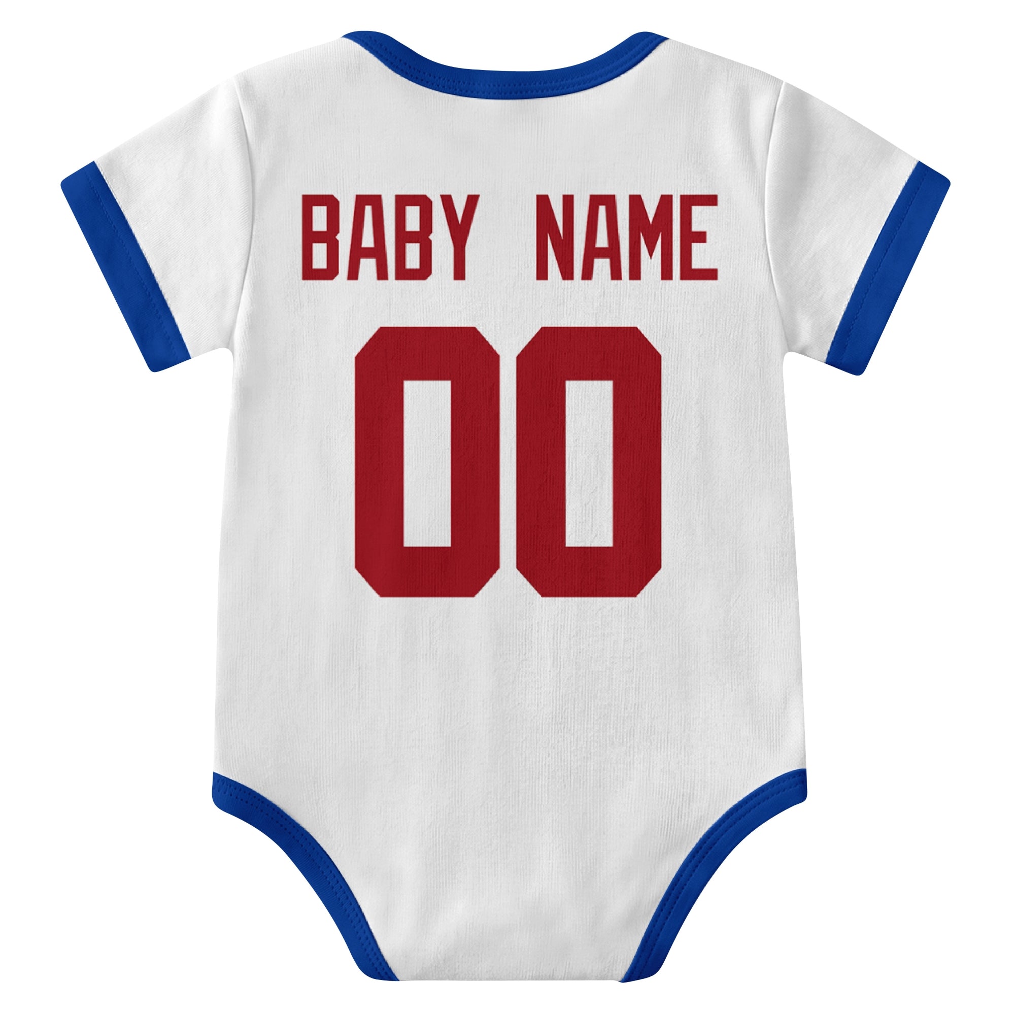 New York Blue White personalized baby football bodysuit back view with custom baby name and jersey number