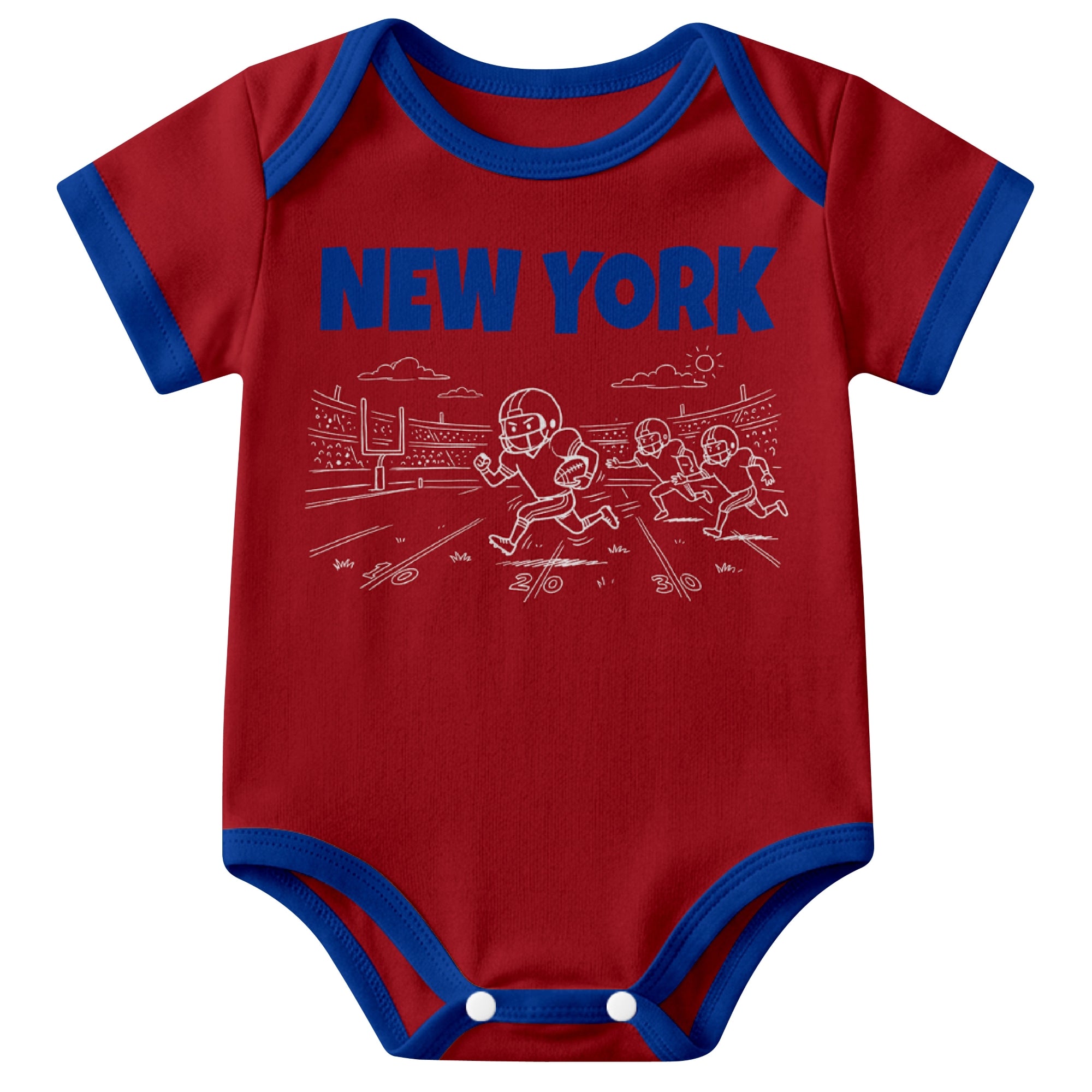 New York Blue Red baby football bodysuit front view with city lettering and football field action graphic