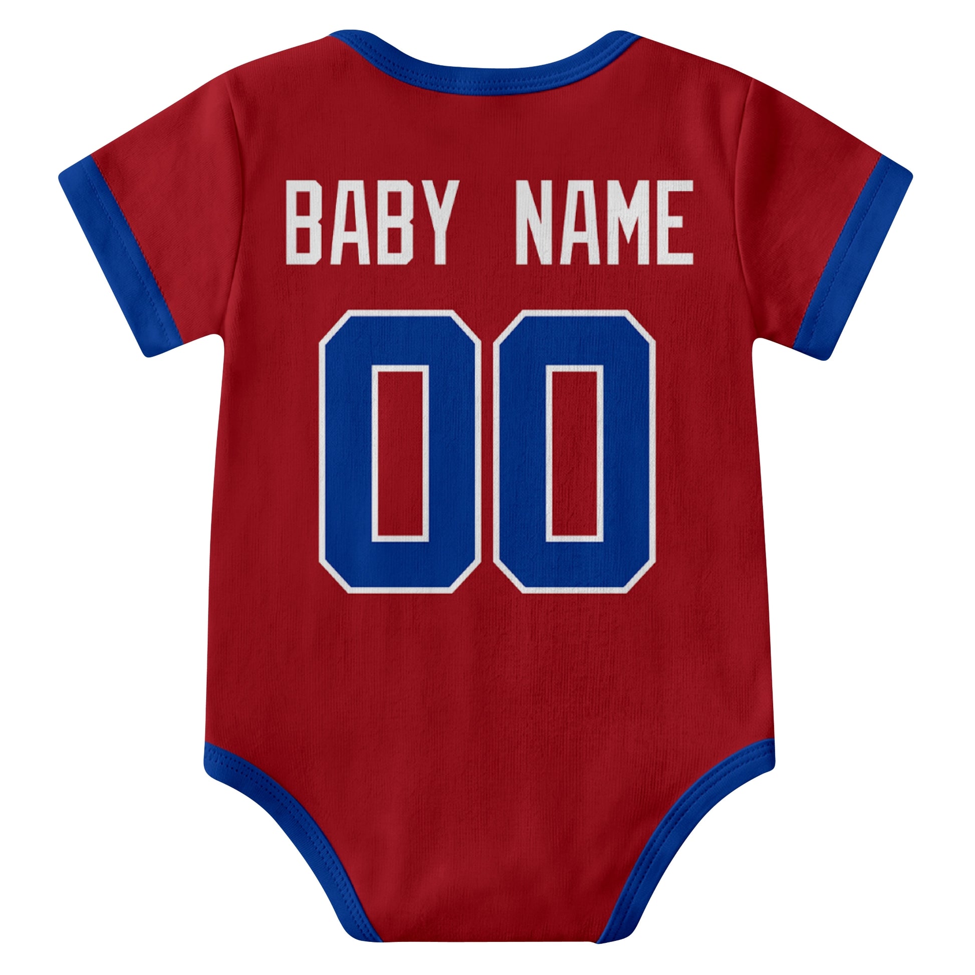 New York Blue Red personalized baby football bodysuit back view with custom baby name and jersey number