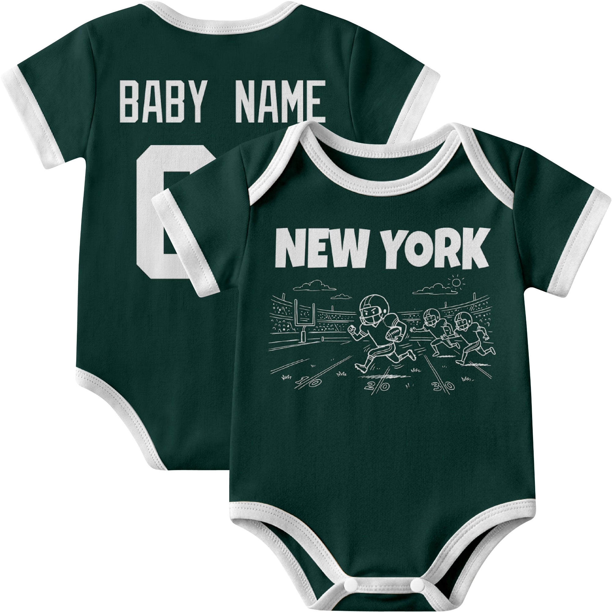 New York Green personalized baby football bodysuit in Green showing front field action scene and back custom baby name and number