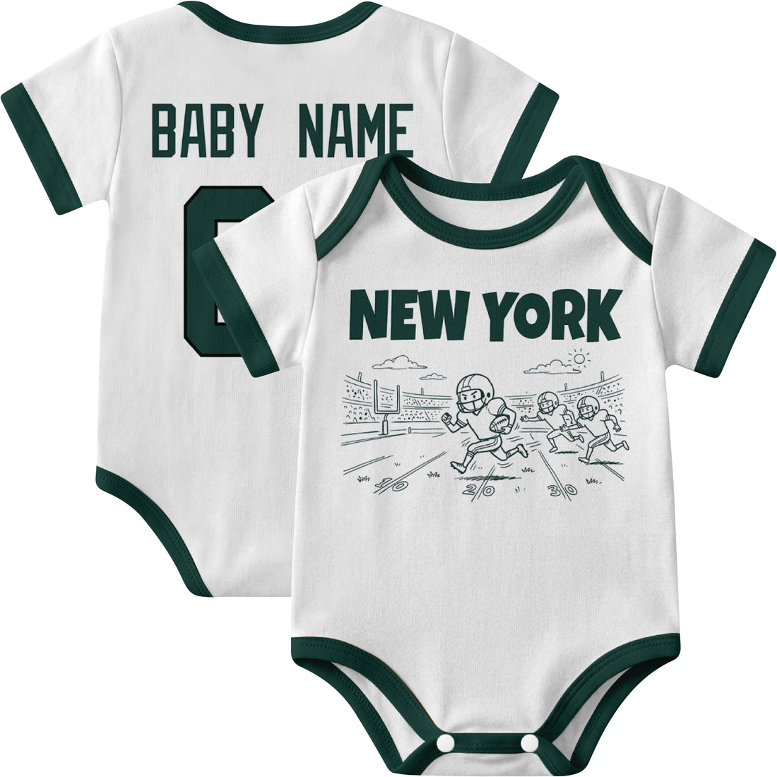 New York Green personalized baby football bodysuit in Green showing front field action scene and back custom baby name and number