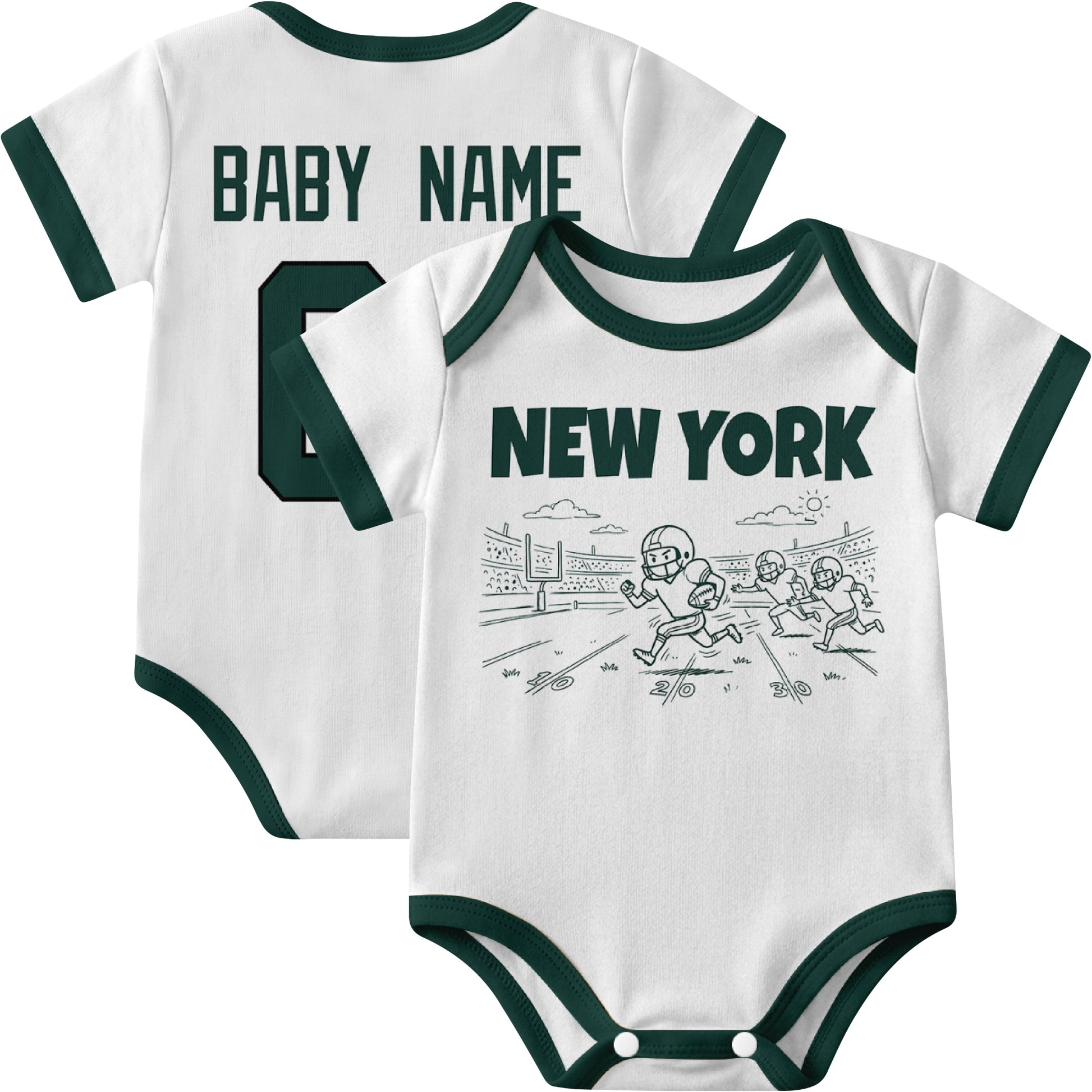New York Green personalized baby football bodysuit in White showing front field action scene and back custom baby name and number
