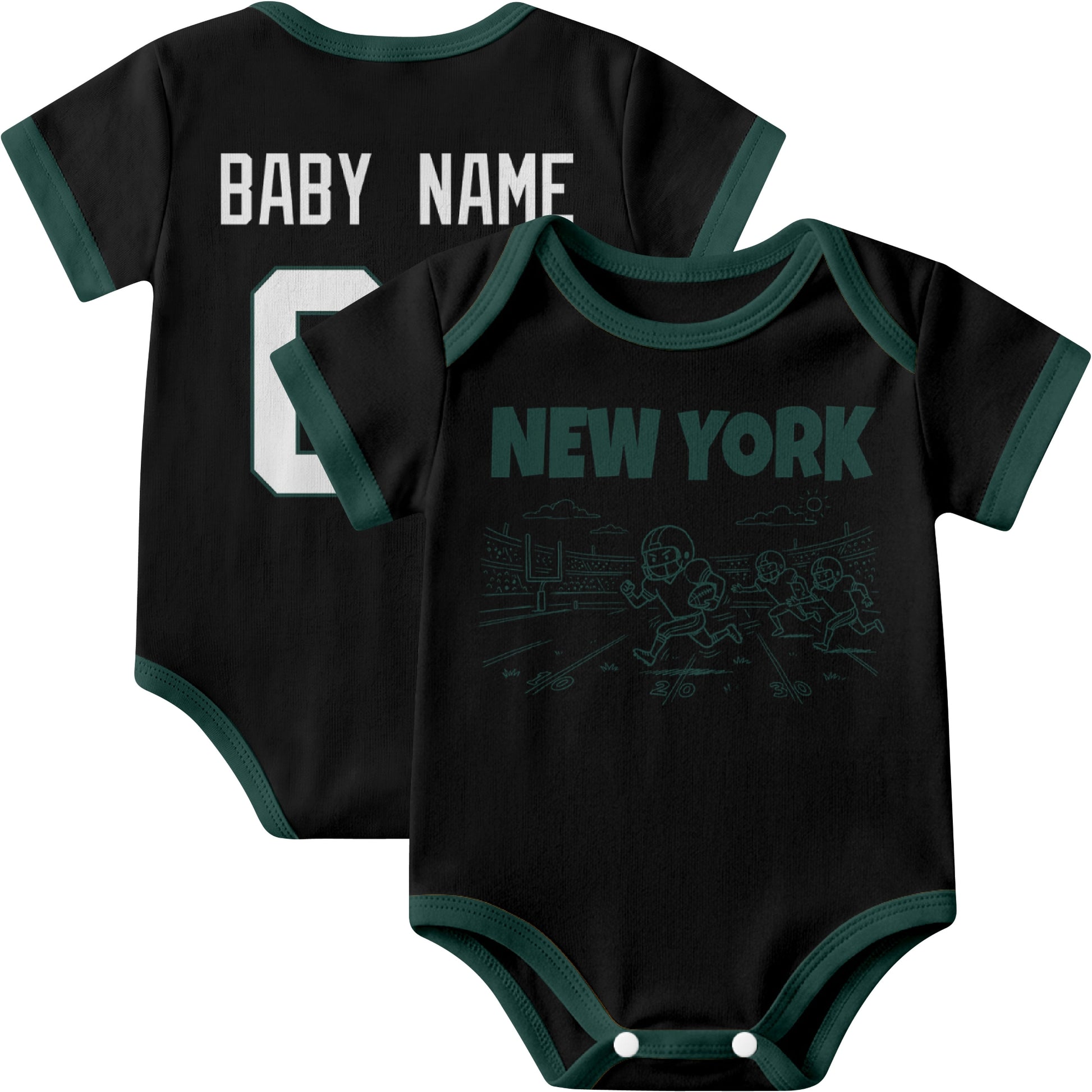 New York Green personalized baby football bodysuit in Black showing front field action scene and back custom baby name and number