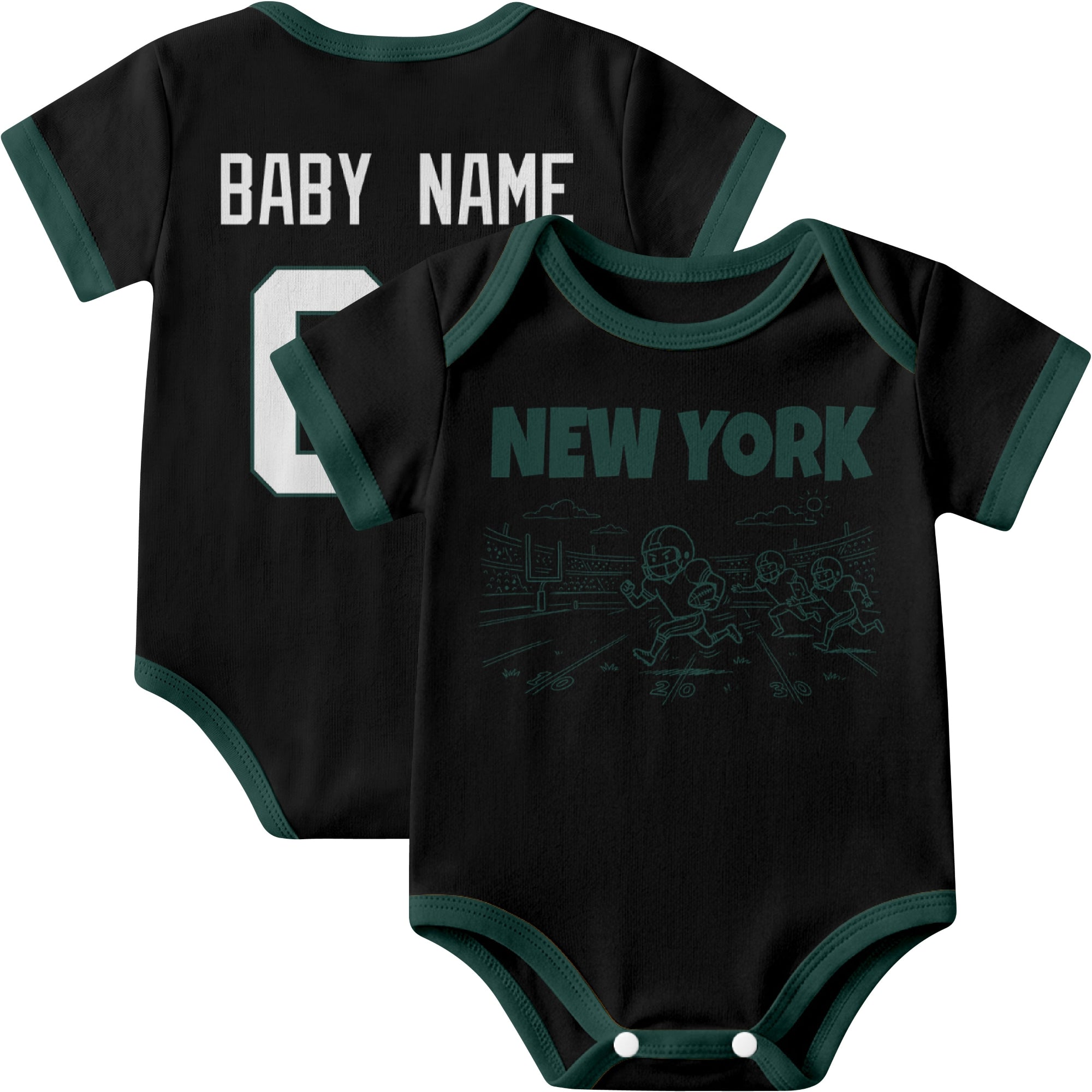 New York Green personalized baby football bodysuit in Black showing front field action scene and back custom baby name and number