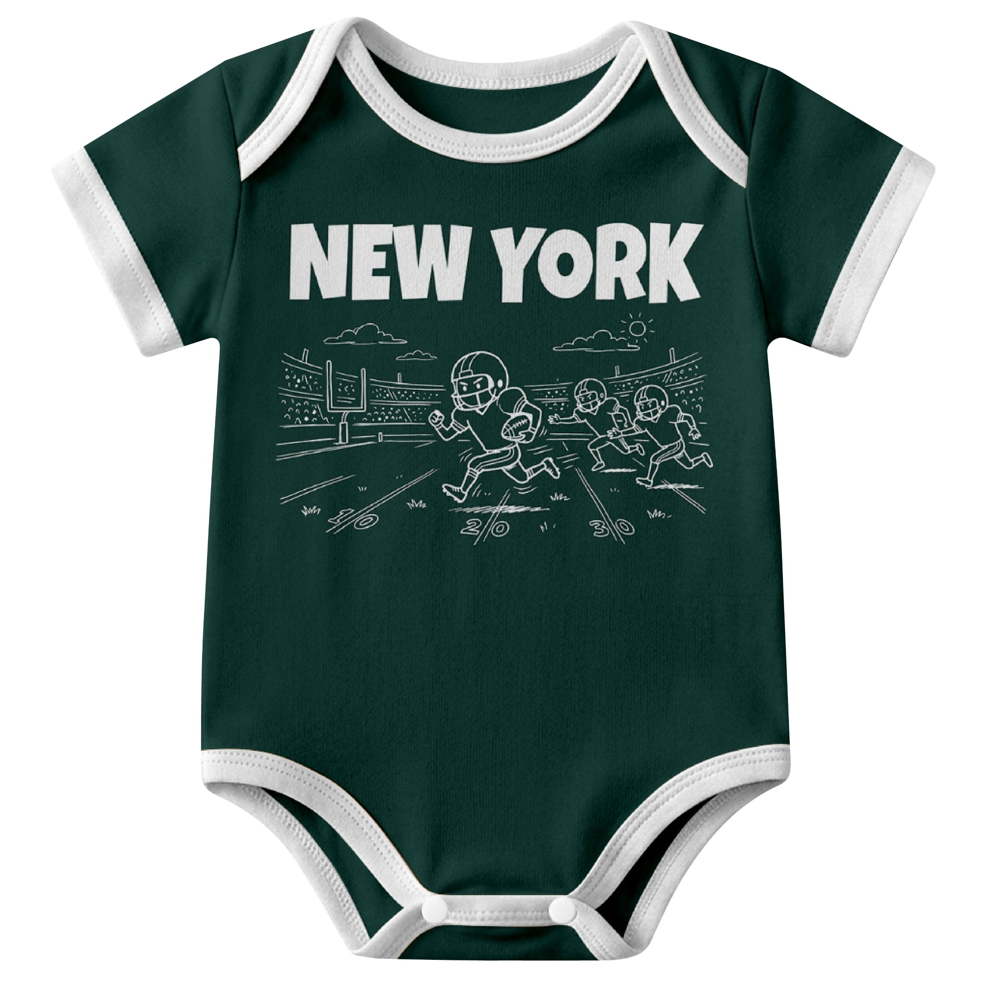 New York Green Green baby football bodysuit front view with city lettering and football field action graphic